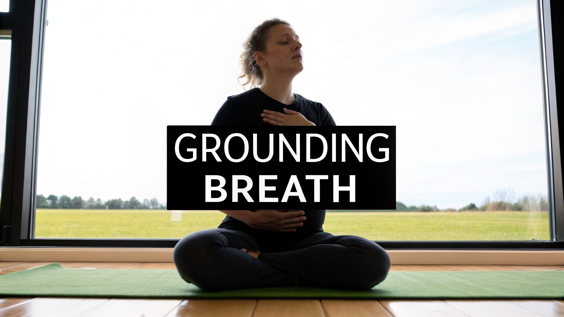 A person meditating on a yoga mat with hands on chest and stomach, with "GROUNDING BREATH" text.