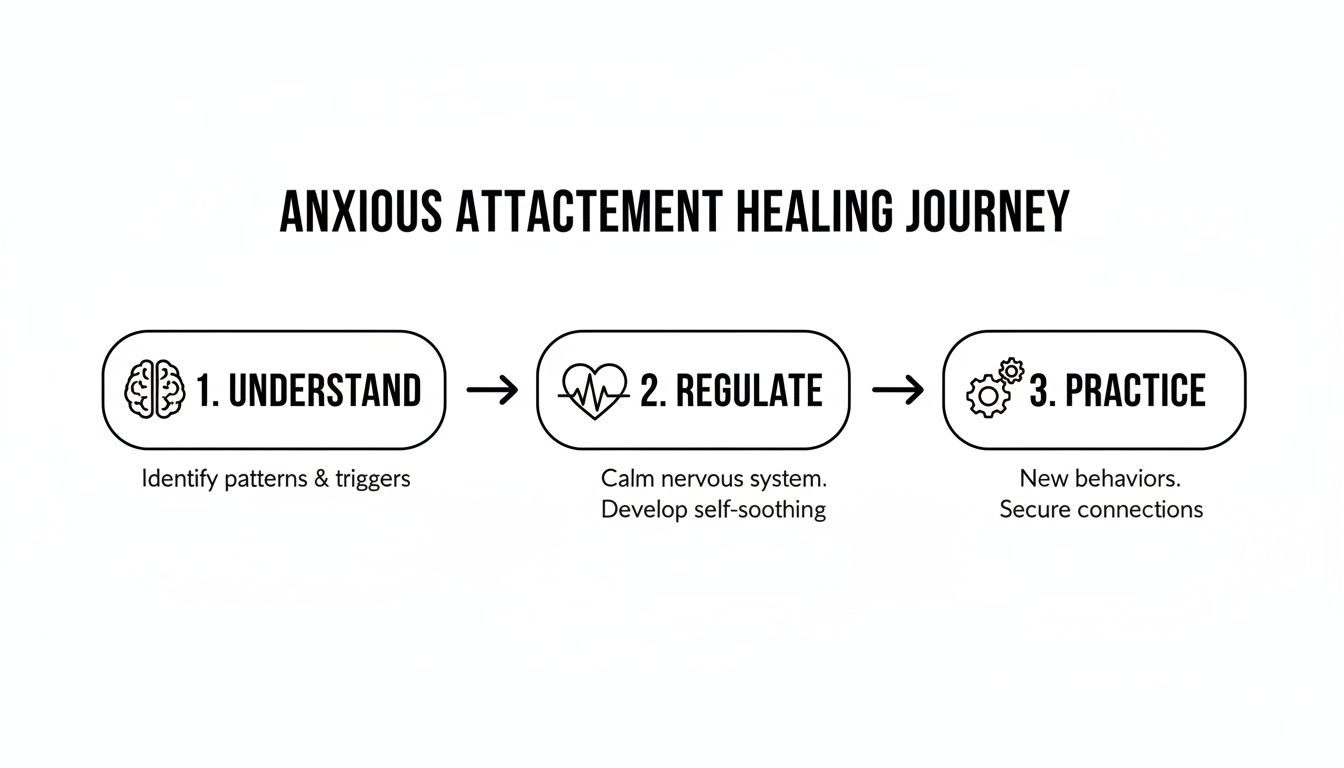 A three-step diagram illustrating the anxious attachment healing journey: understand, regulate, and practice.