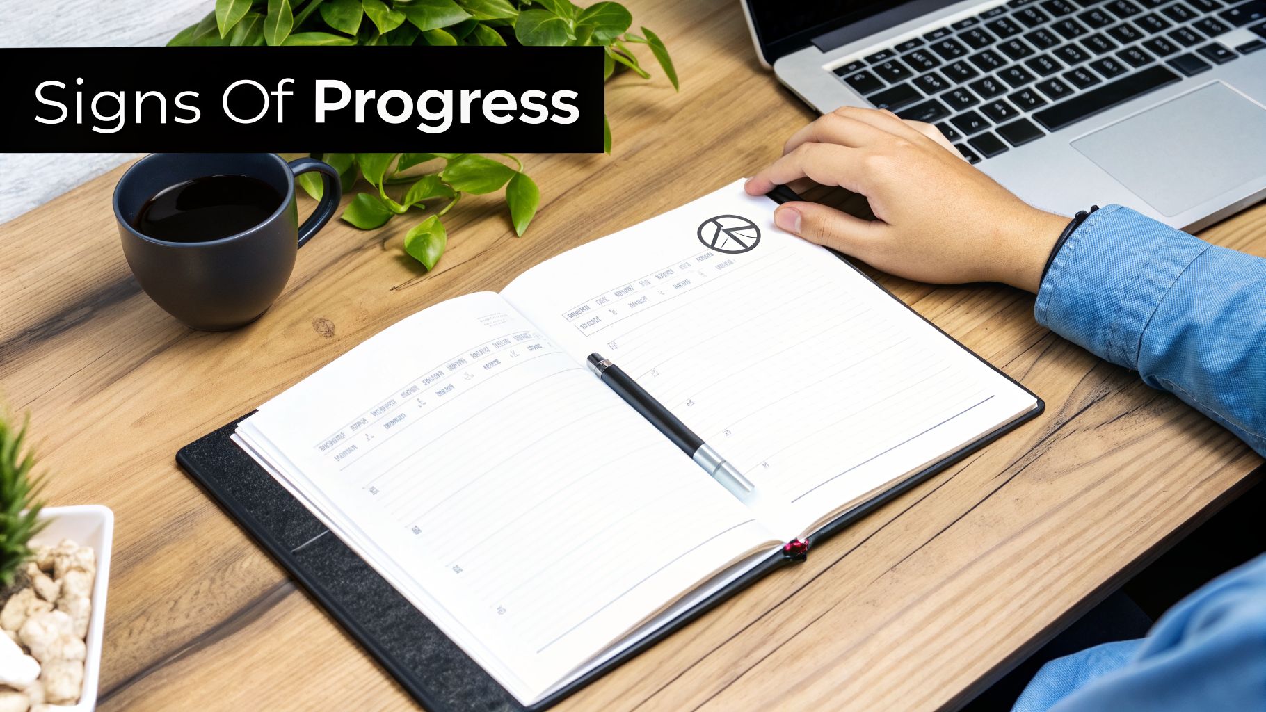 A person planning on a wooden desk with a laptop, coffee, and a notebook titled 'Signs Of Progress'.