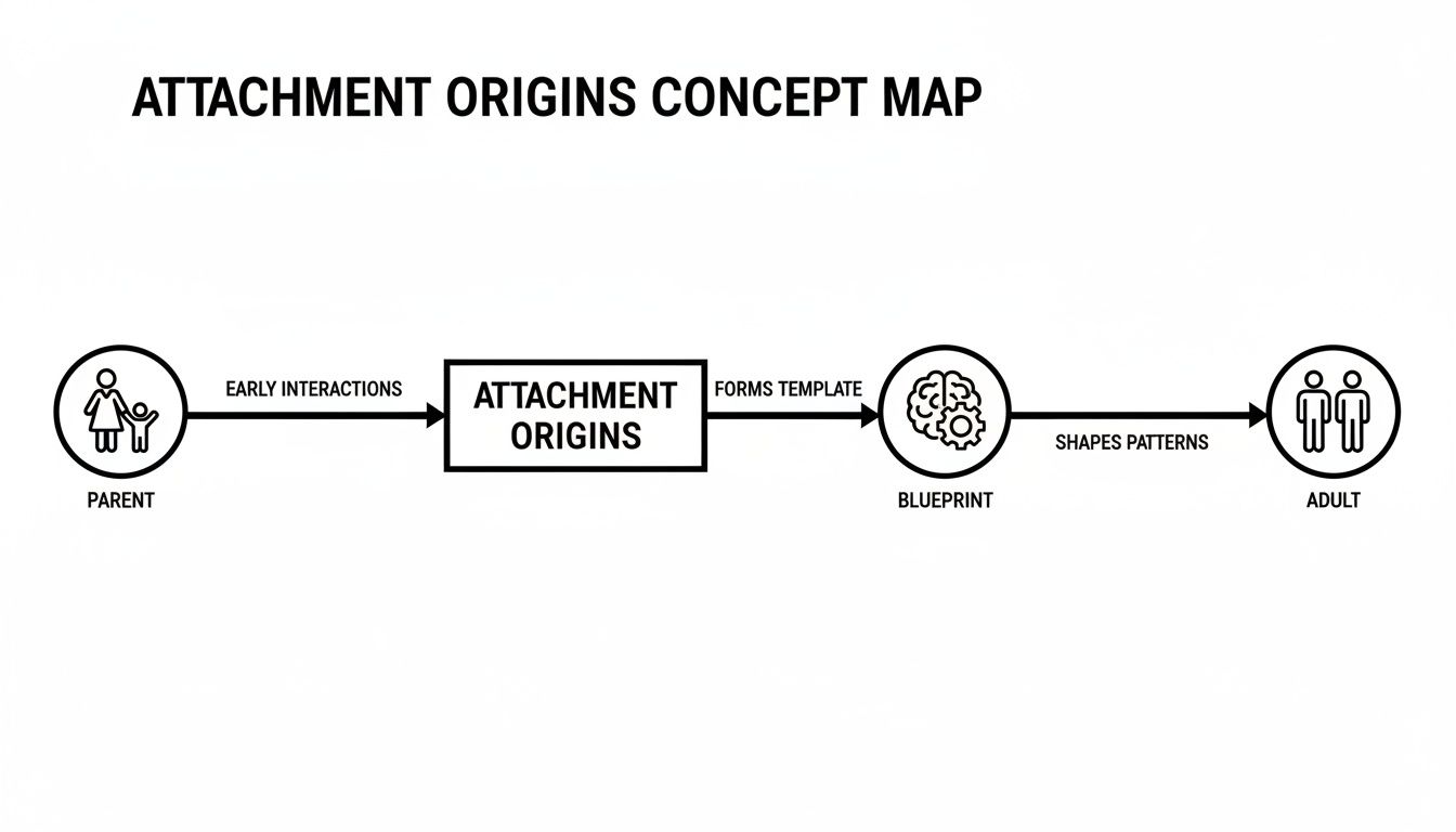 A concept map showing attachment origins from early parent interactions shaping adult patterns.
