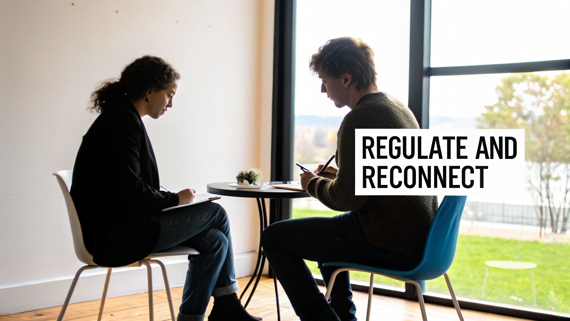 Two people, a man and a woman, writing at a table with a window view, text 'REGULATE AND RECONNECT'.