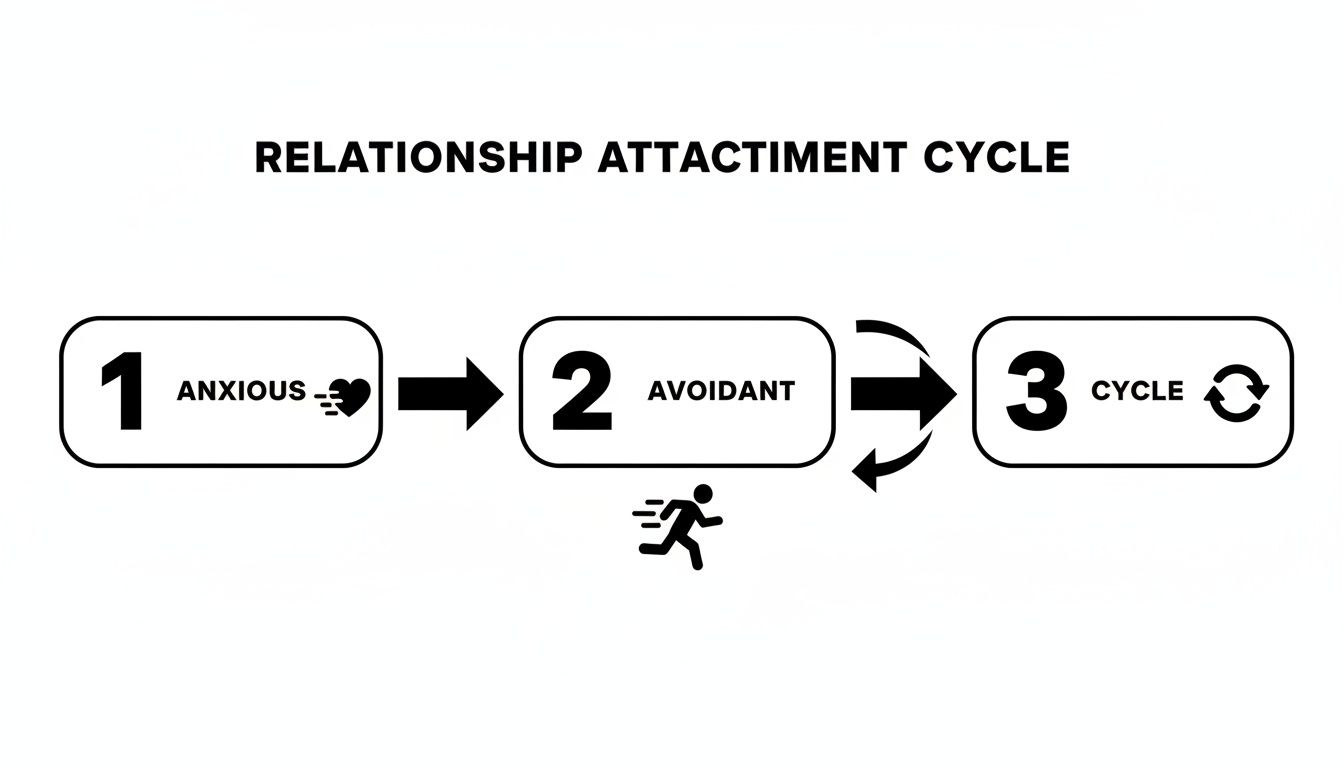 Diagram illustrating the anixous-avoidant relationship attachment cycle with three steps: anxious, avoidant, and cycle.
