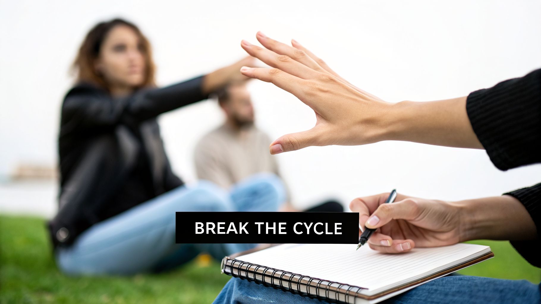 A person writing in a notebook, while another hand stops a blurry figure, with text 'BREAK THE CYCLE'.
