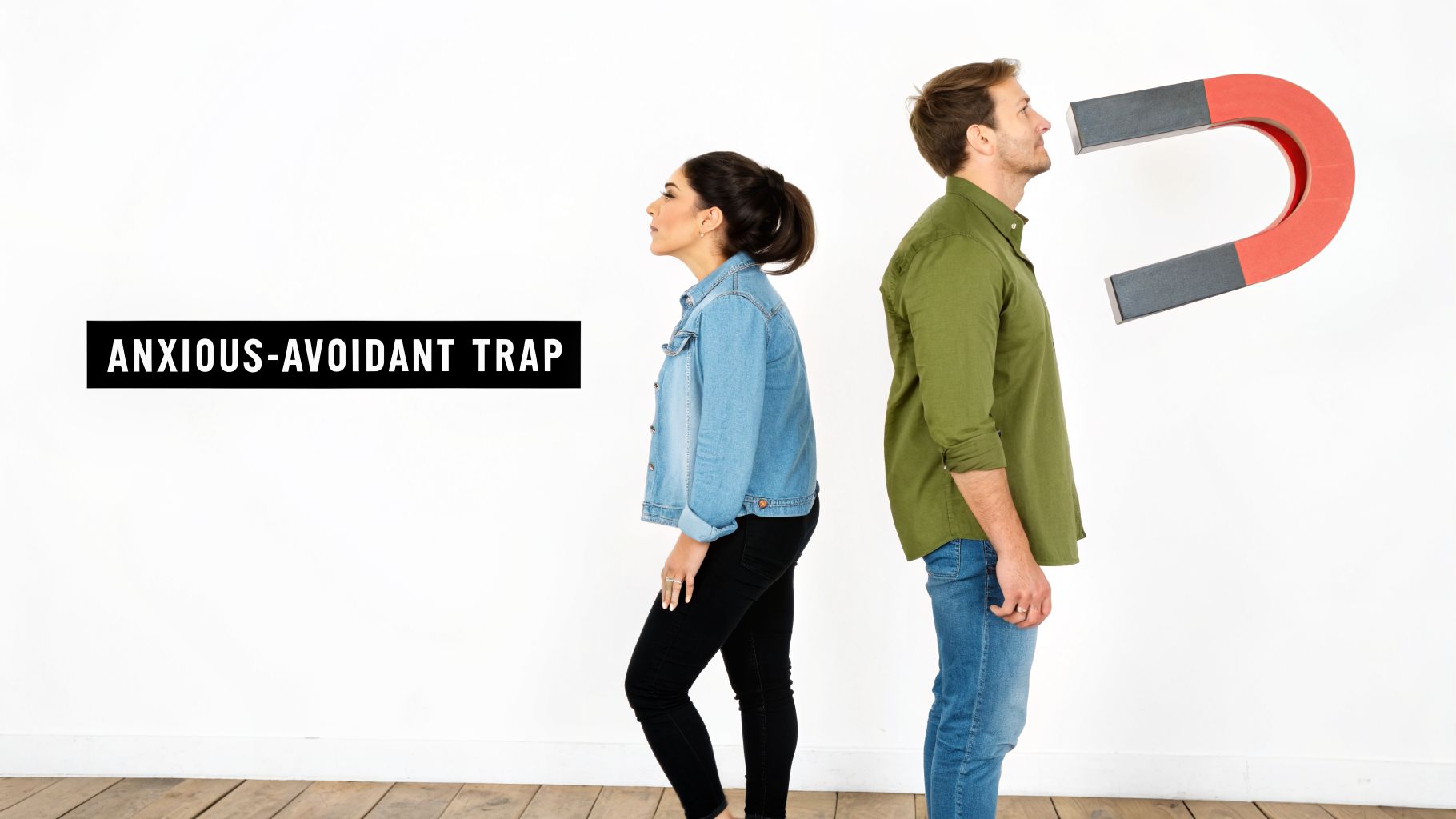 A man pulled by a magnet and a woman turning away, illustrating the anxious-avoidant trap.