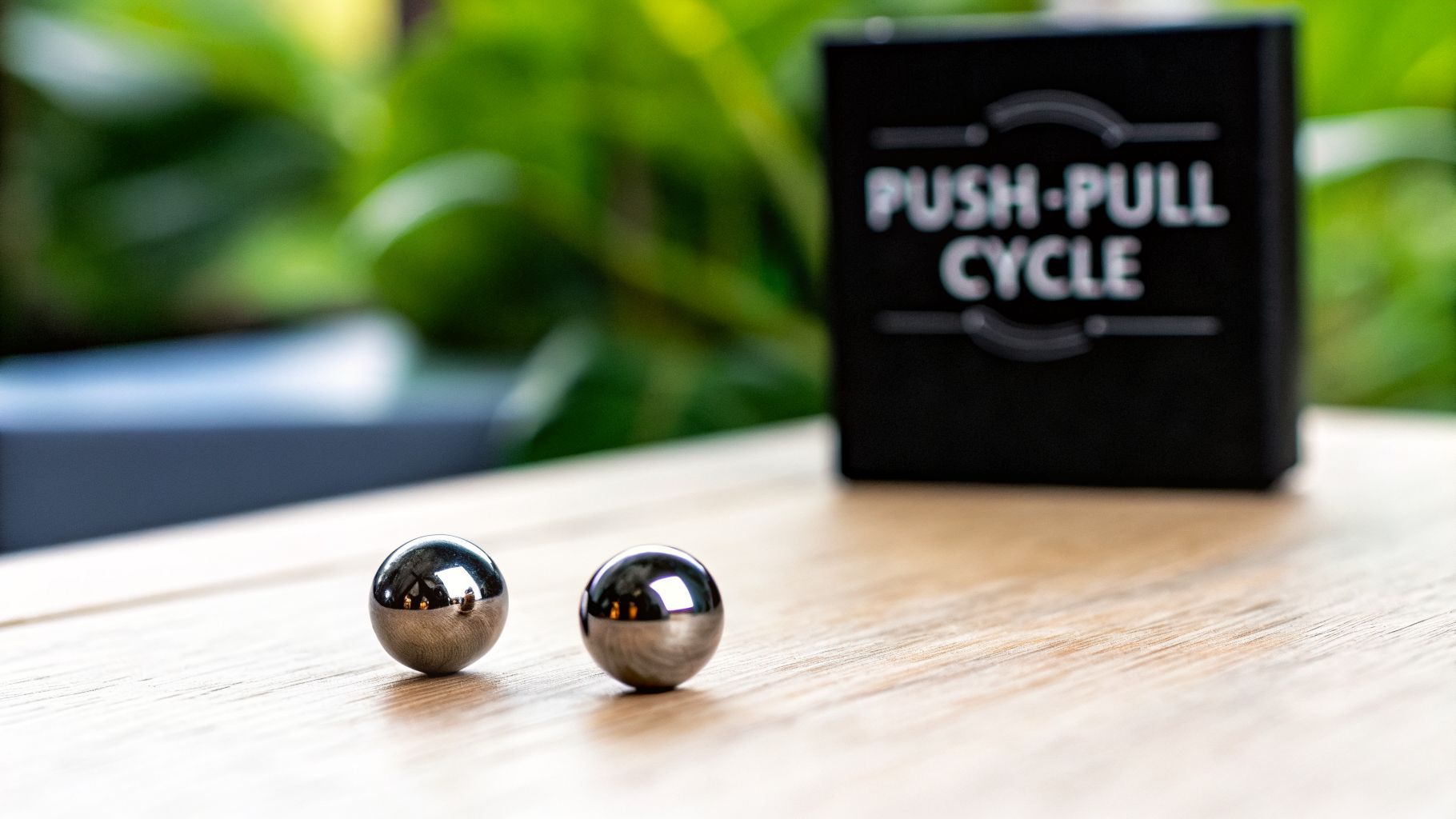 Two shiny metal spheres on a wooden surface, with a blurred 'PUSH-PULL CYCLE' box in the background.