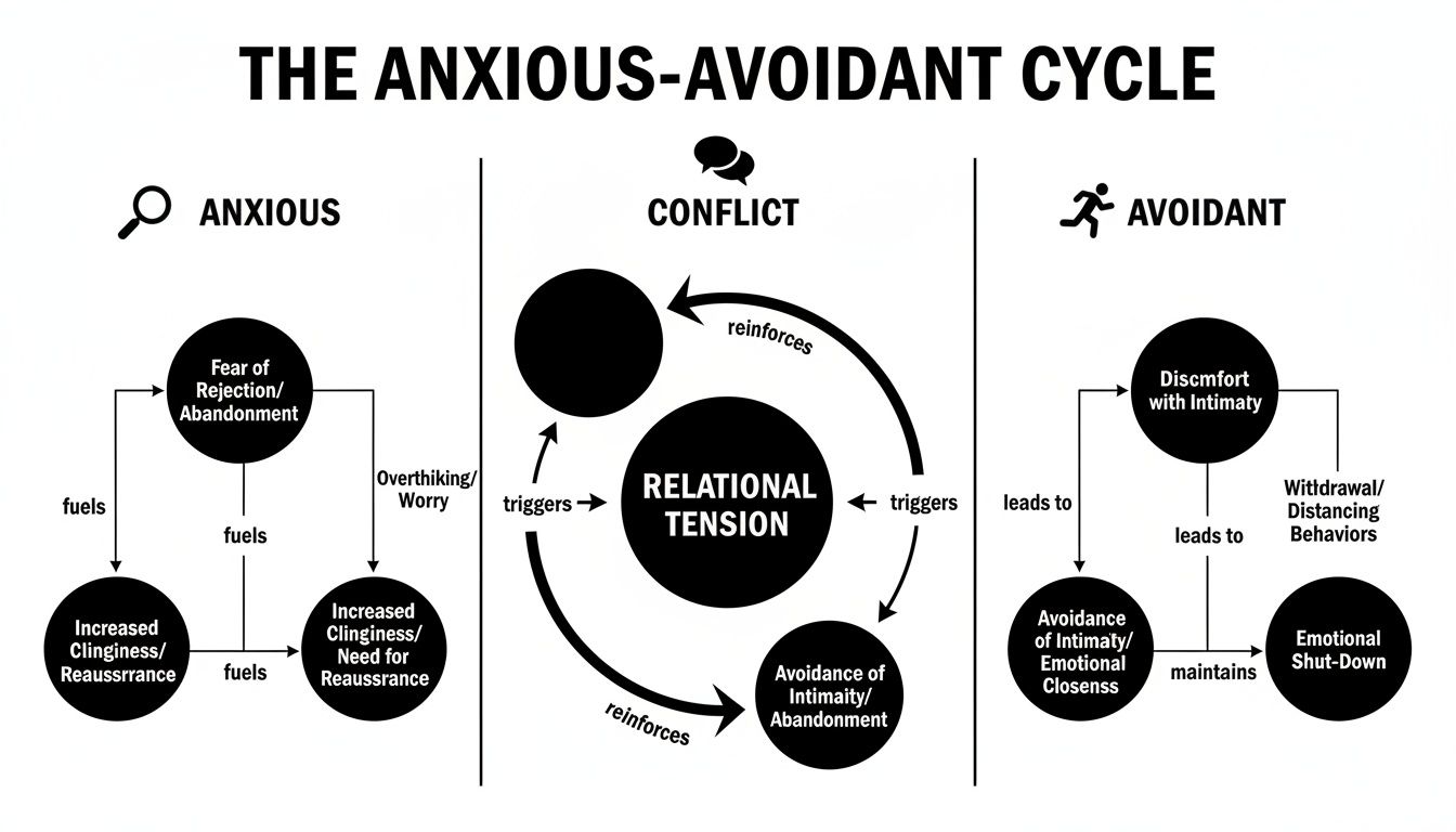 Diagram illustrating the anxious-avoidant cycle, showing how anxious and avoidant behaviors create conflict and relational tension.