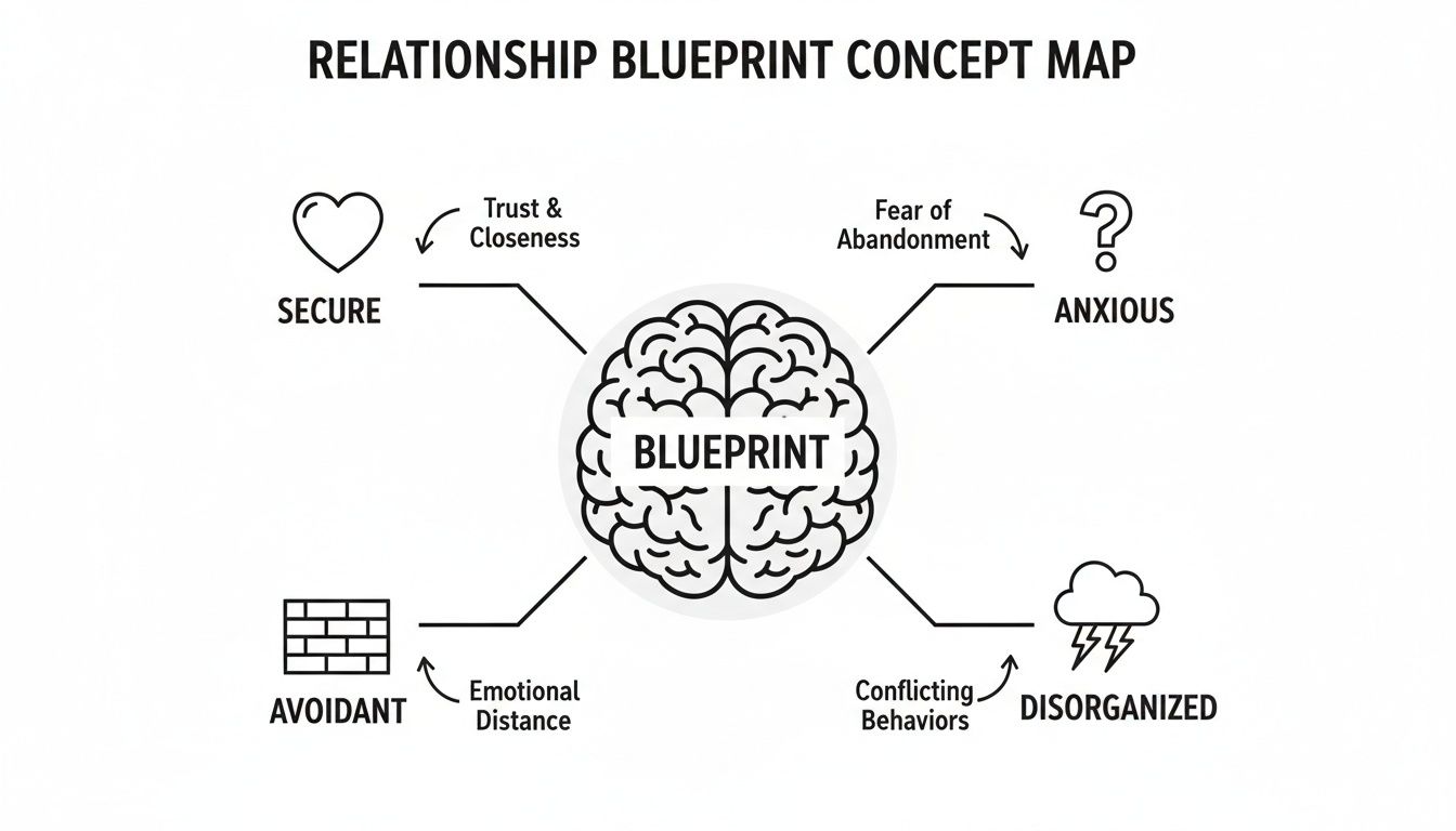 A concept map showing four relationship attachment styles: Secure, Anxious, Avoidant, and Disorganized.
