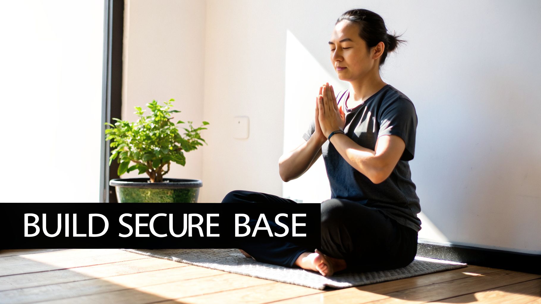 A person meditating in a cross-legged yoga pose with closed eyes and hands pressed together, next to a potted plant.