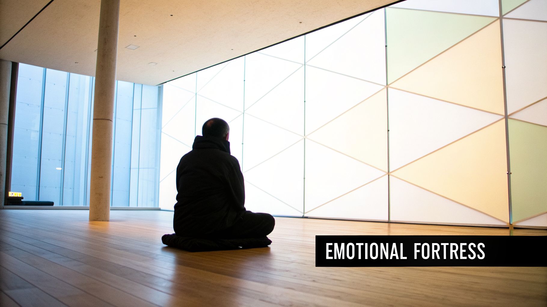 A person meditates on a wooden floor in a modern room with geometric walls, displaying 'Emotional Fortress'.