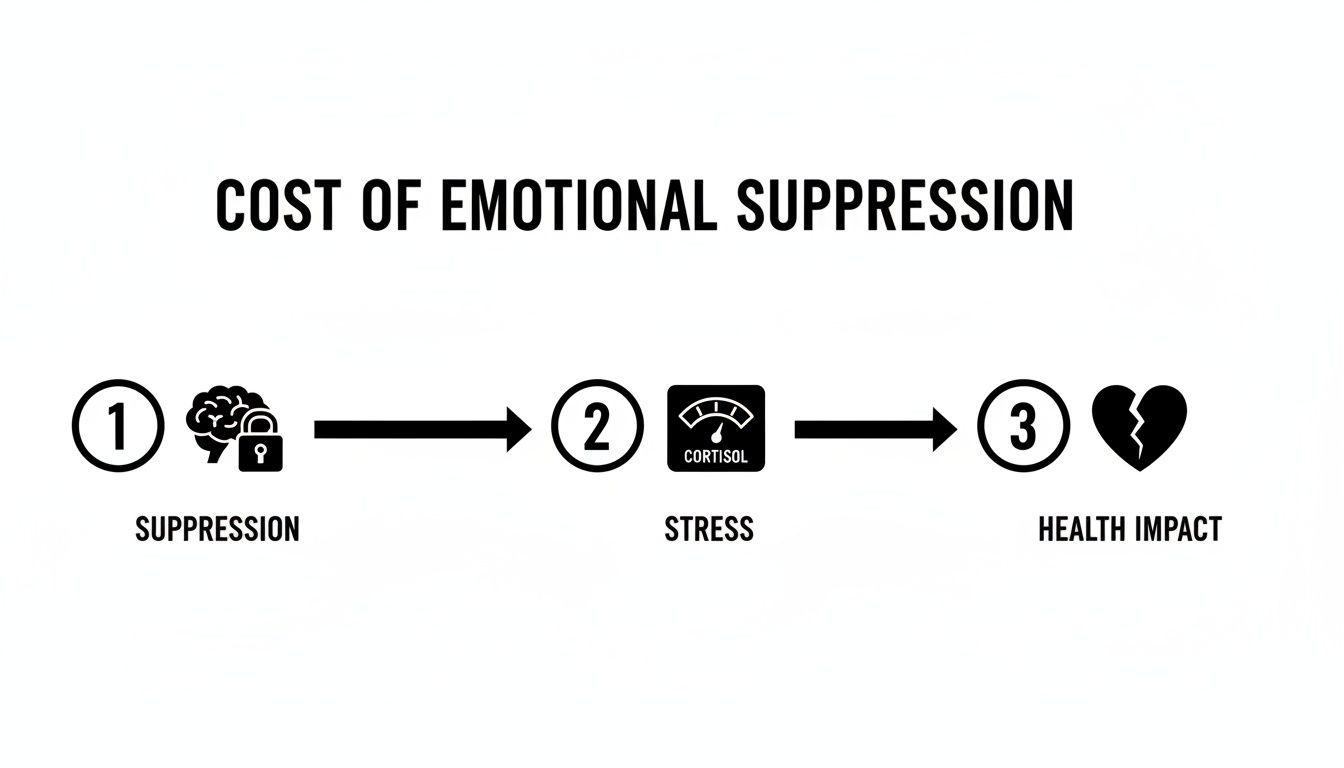 Infographic illustrating how emotional suppression causes stress and negatively impacts health.