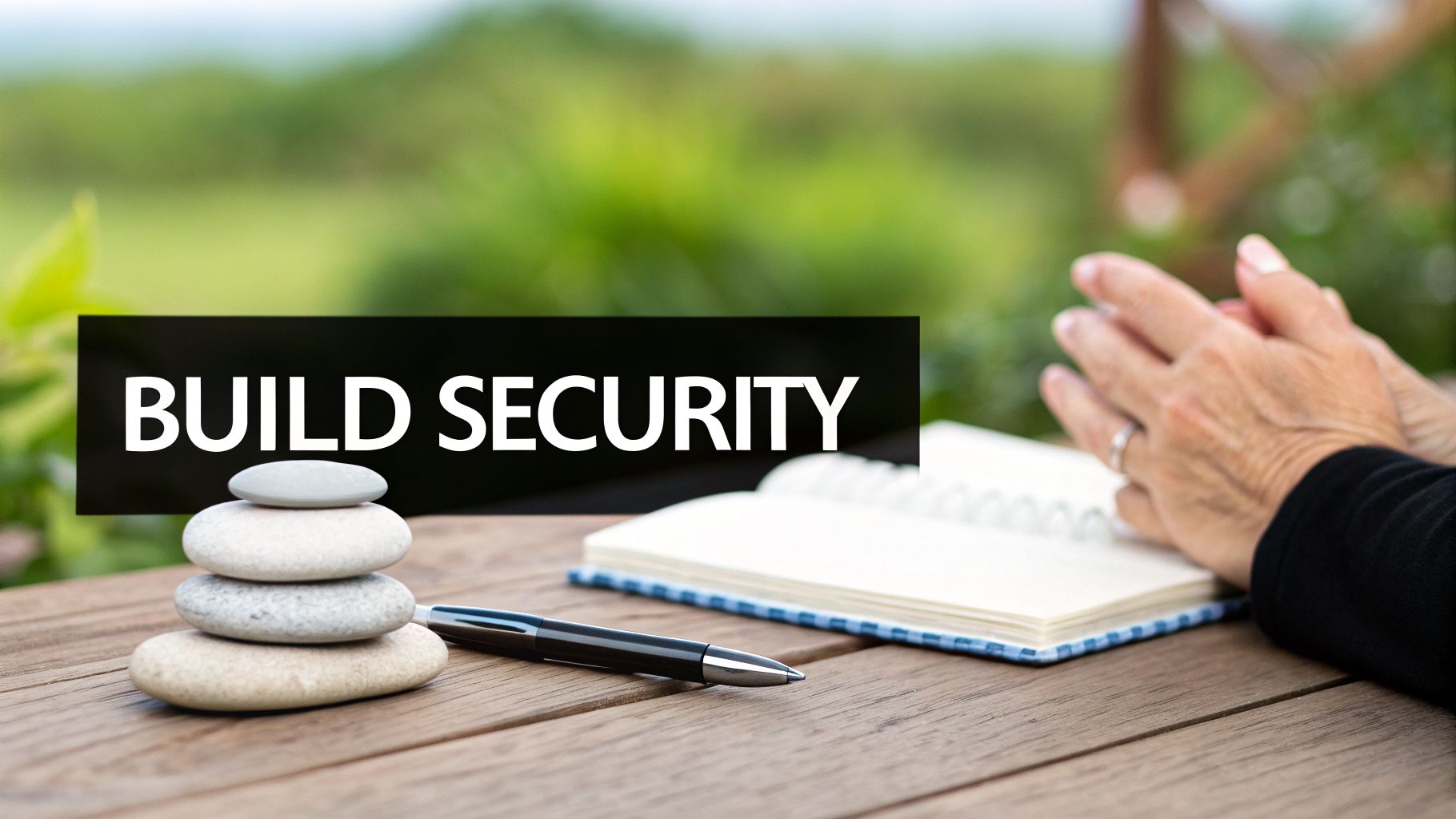 A stack of zen stones, a pen, an open notebook, and hands on a wooden table with 'BUILD SECURITY' text.