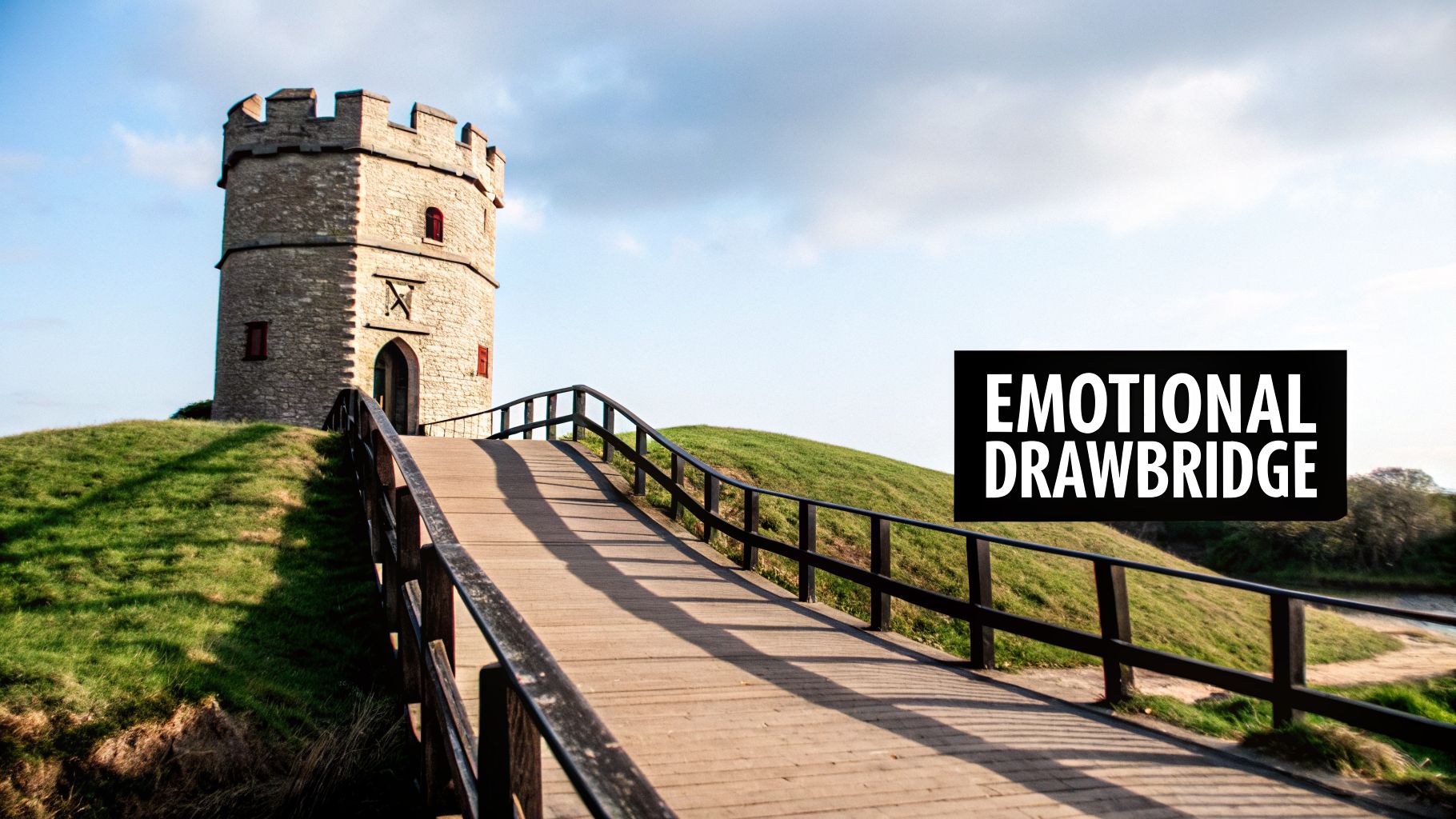 A stone tower on a green hill with a wooden bridge, conveying 'EMOTIONAL DRAWBRIDGE' against a blue sky.