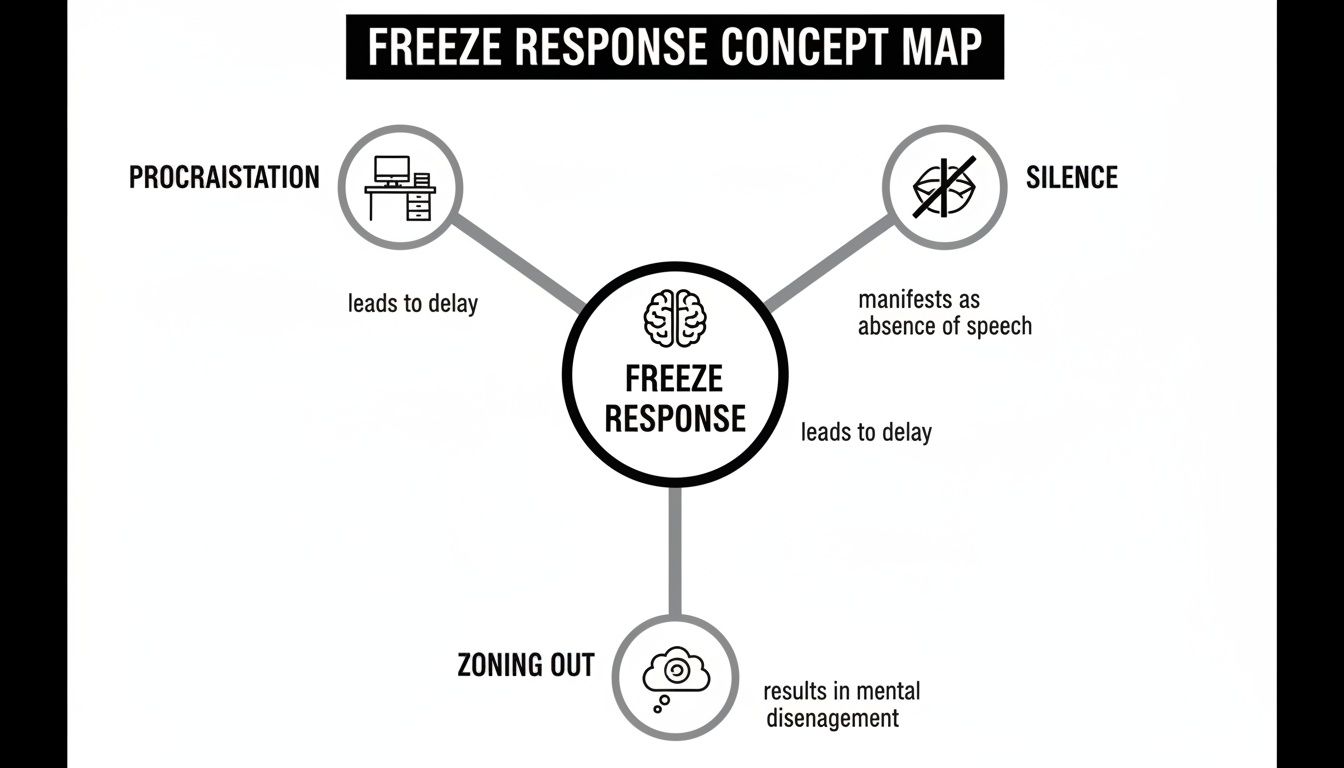 Concept map illustrating the freeze response and its manifestations: procrastination, silence, and zoning out.