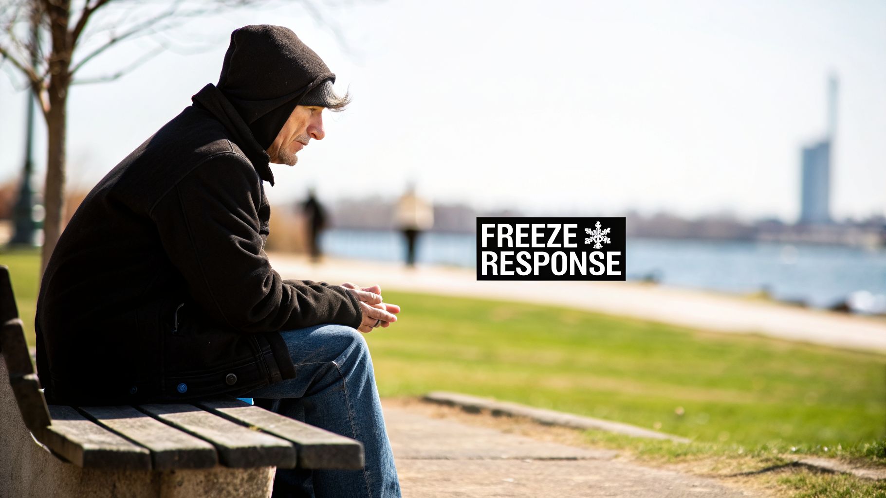 A man in a black hooded jacket sits on a park bench, with a 'FREEZE RESPONSE' logo overlay.