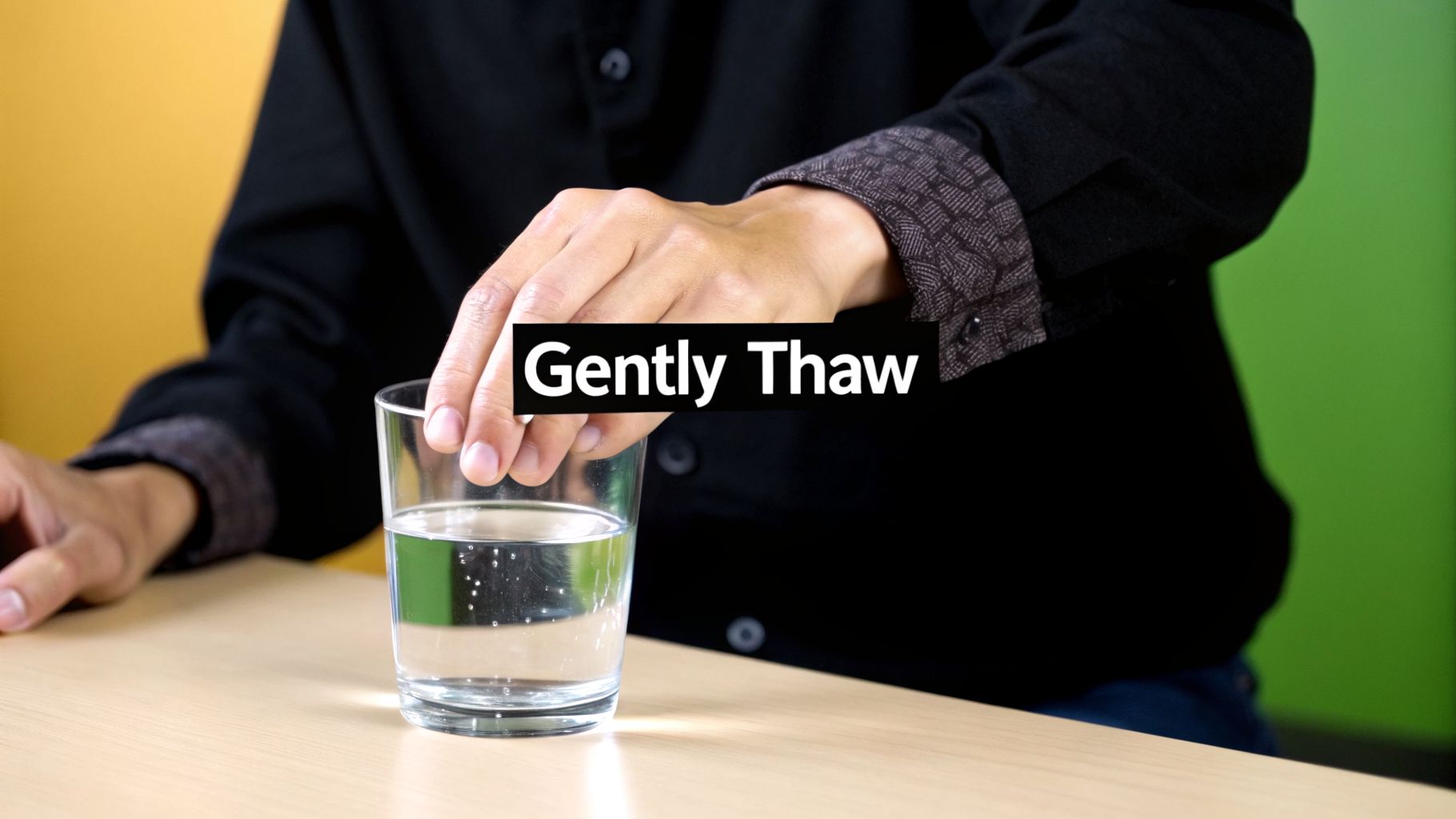 A hand gently reaches into a glass of clear water on a table, with 'Gently Thaw' text overlay.