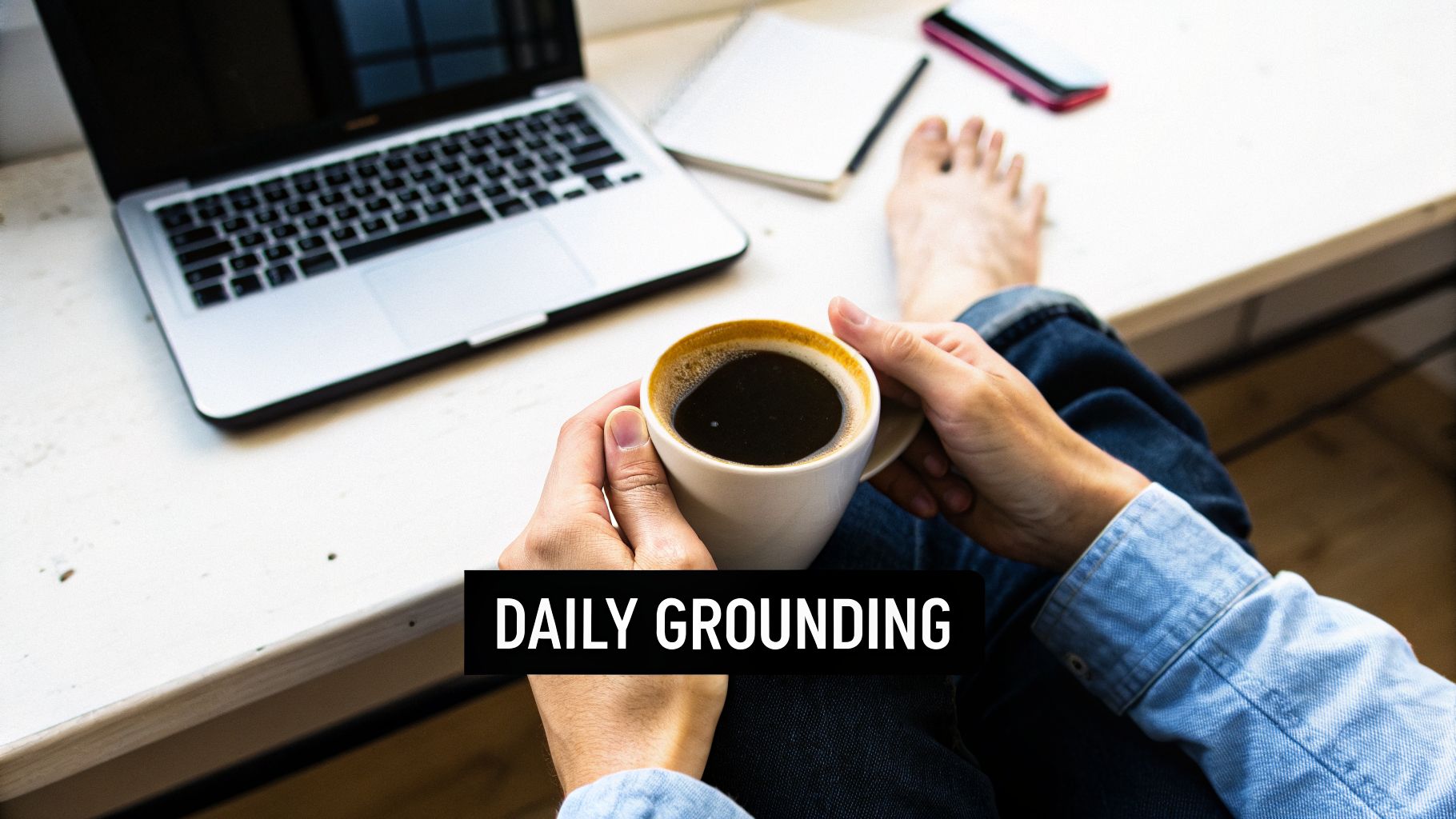 A person relaxing with coffee, a laptop, and notebook, with the overlay text 'DAILY GROUNDING'.