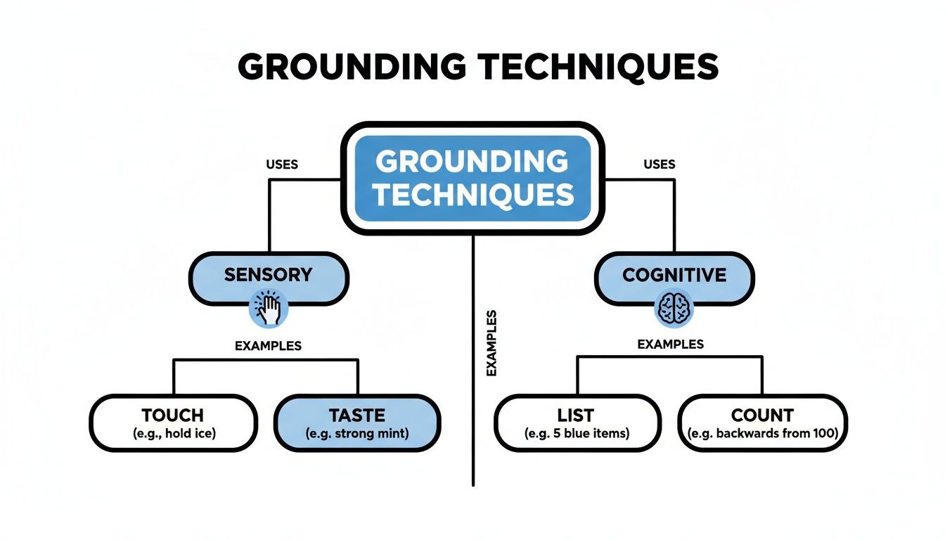 Flowchart illustrating grounding techniques, categorized as sensory (touch, taste) and cognitive (list, count) with specific examples.