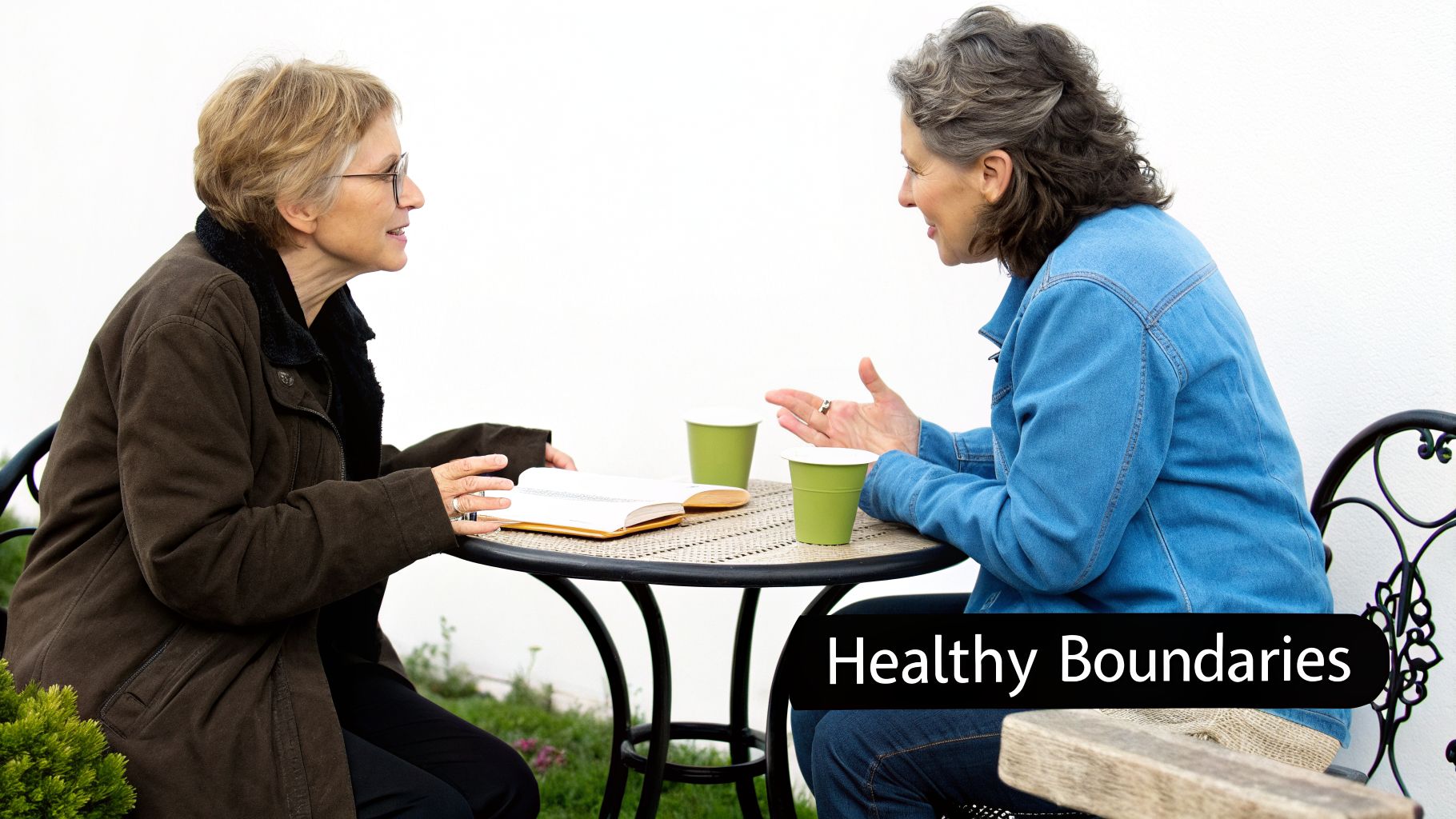 Two women smiling and conversing at an outdoor table with a book and coffee, discussing healthy boundaries.