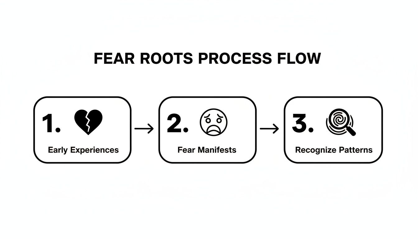 A three-step process flow illustrating how fear develops from early experiences to recognizable patterns.