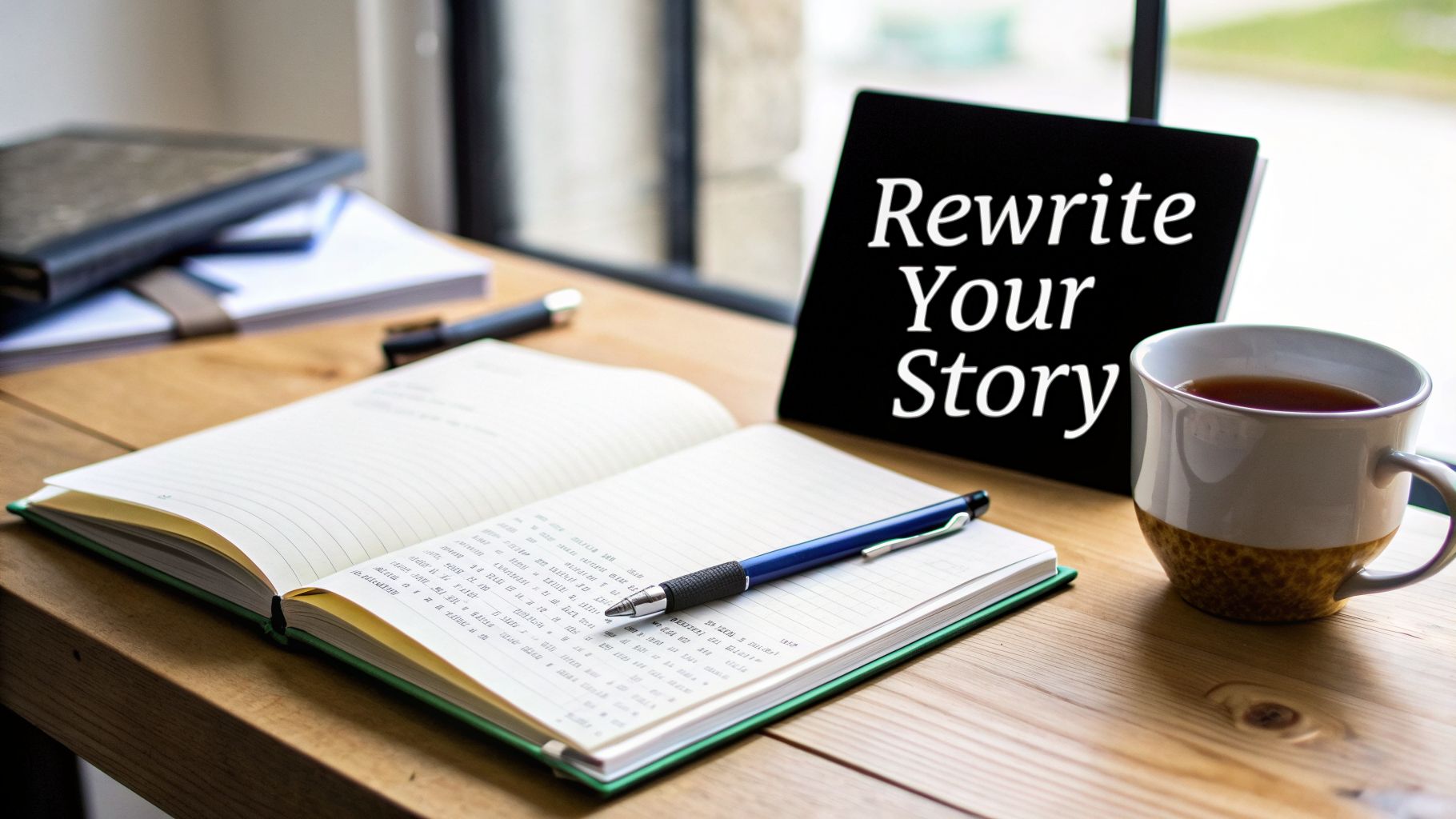 An open notebook and pen on a wooden desk next to a 'Rewrite Your Story' sign and a cup of tea.