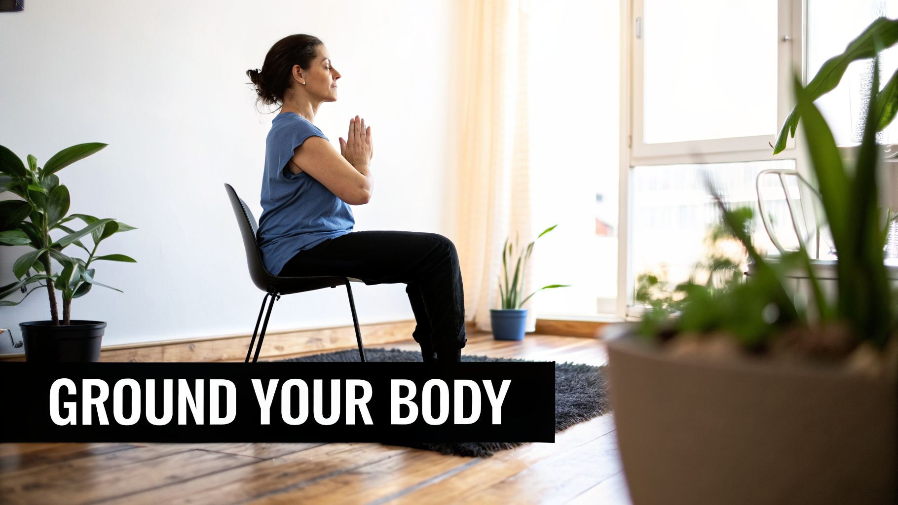 A serene woman meditates on a chair with closed eyes and hands in prayer position, surrounded by plants.
