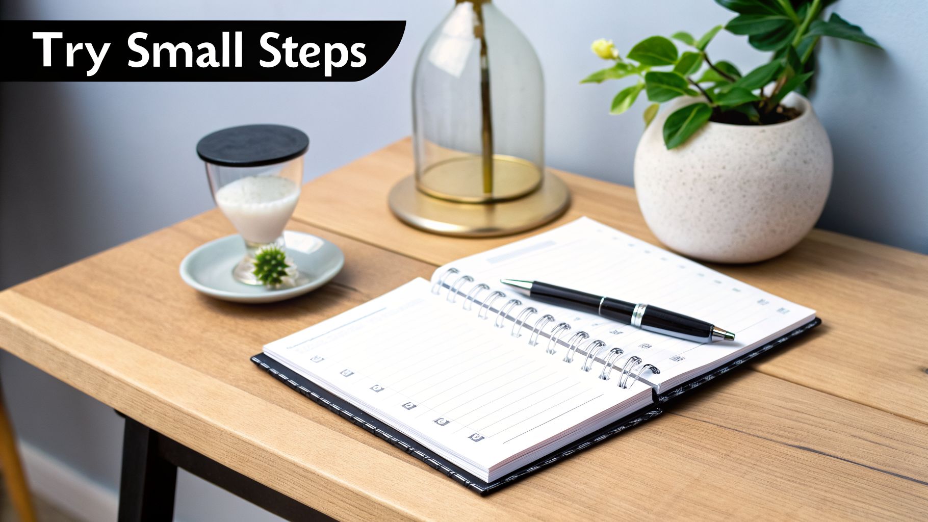 An open planner and pen on a wooden desk next to an hourglass and a plant, with text 'Try Small Steps'.