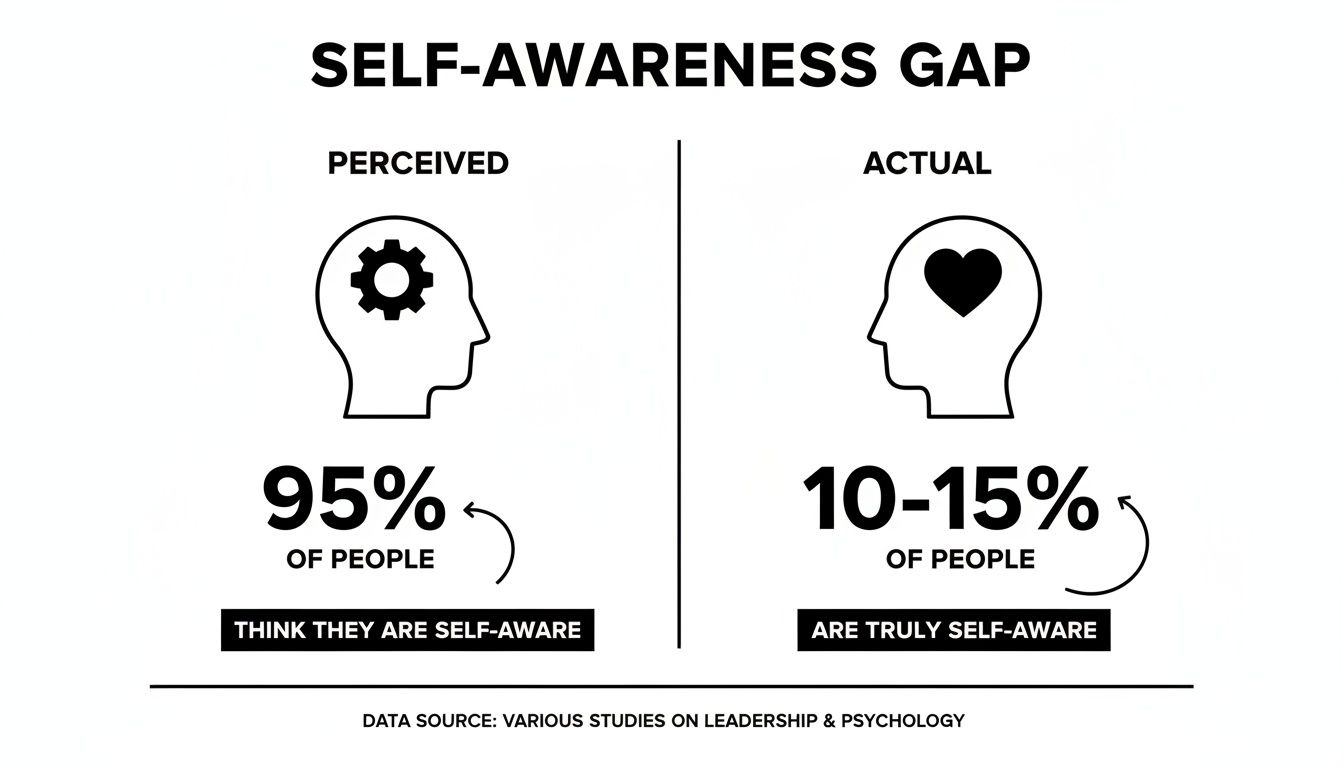 Infographic showing the self-awareness gap: 95% perceive themselves as self-aware, but only 10-15% truly are.