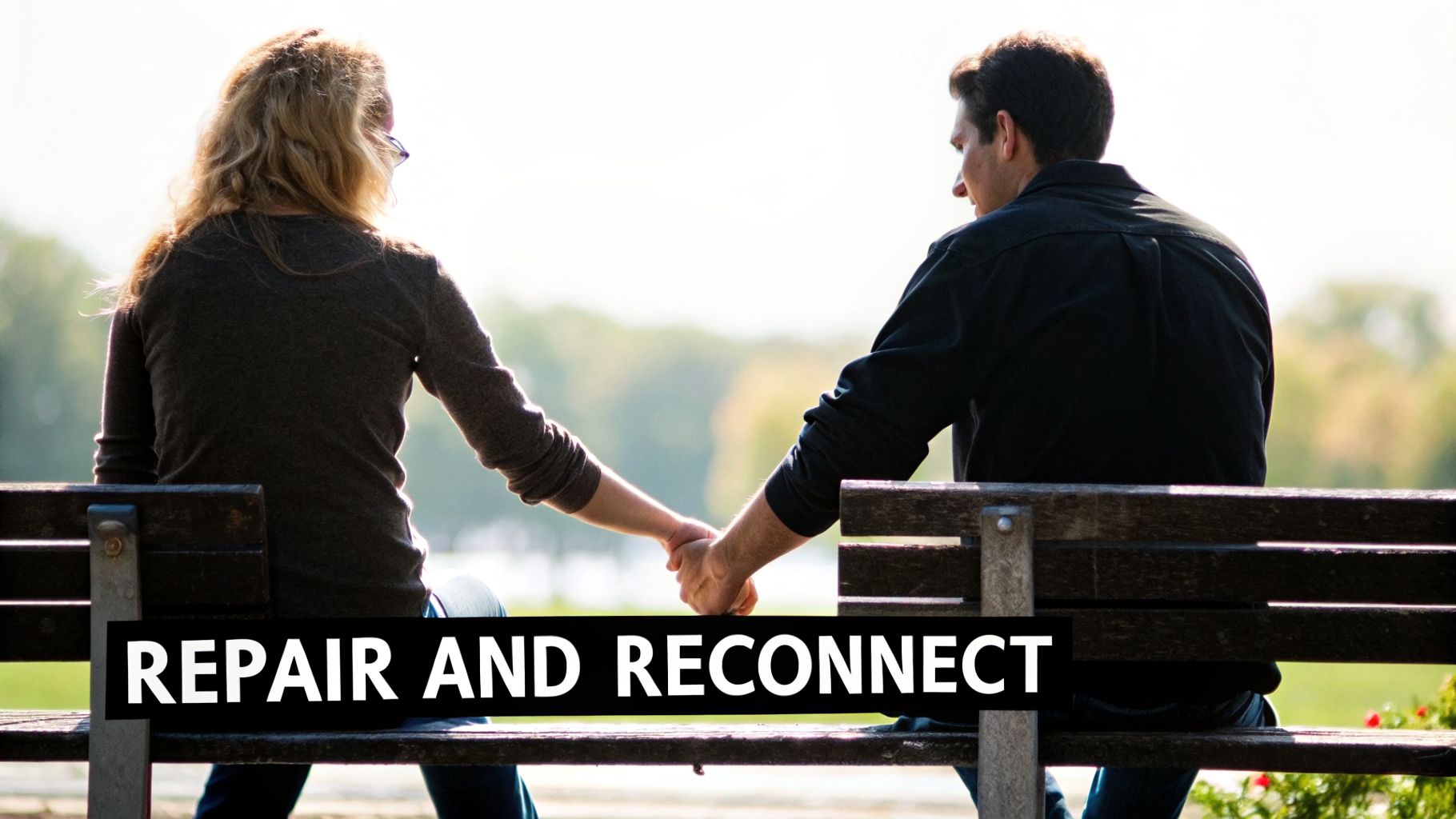 A couple sits on a park bench, holding hands, with the text "REPAIR AND RECONNECT."