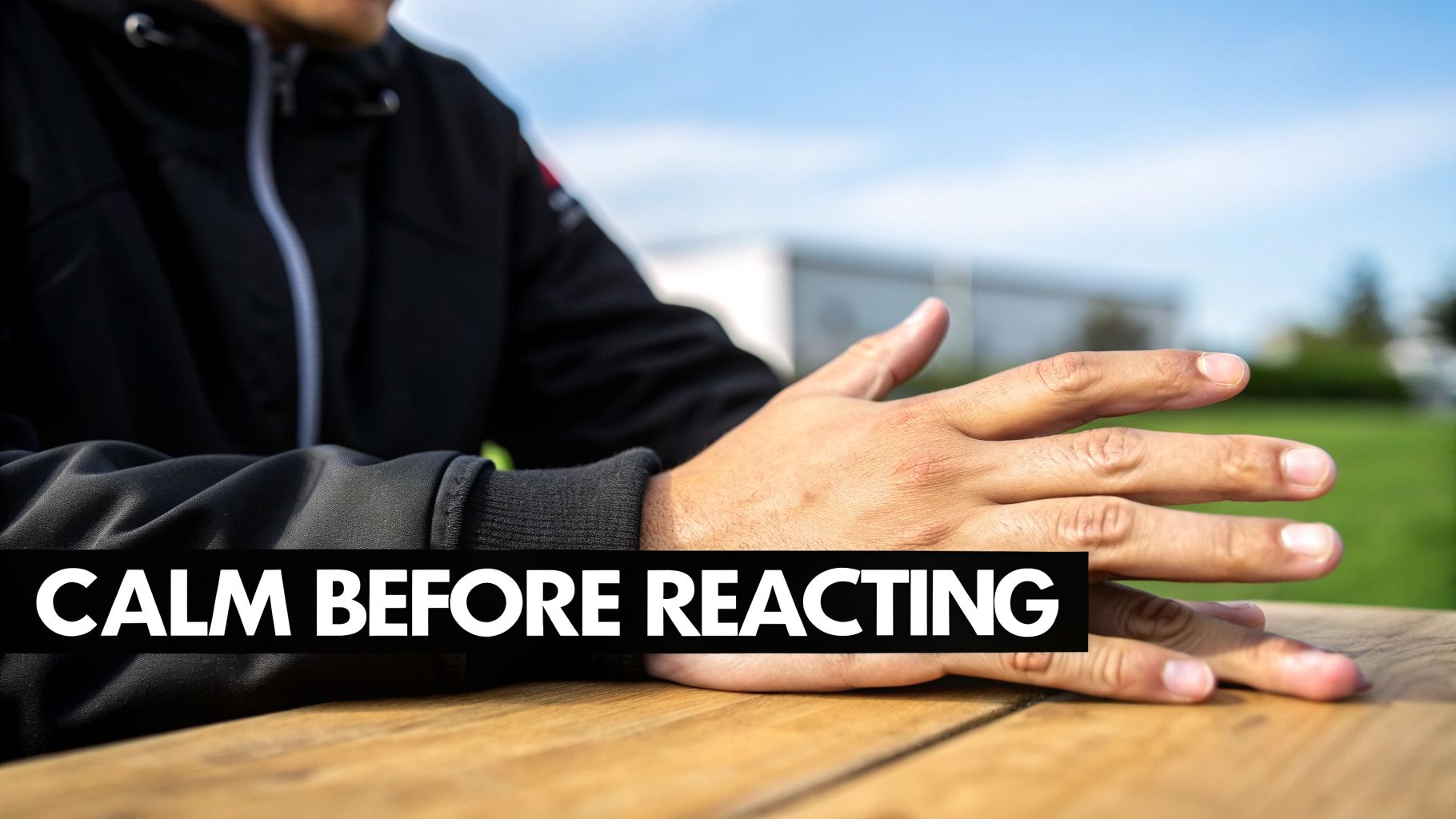 Close-up of a person's hands resting on a wooden table, with the text "CALM BEFORE REACTING".