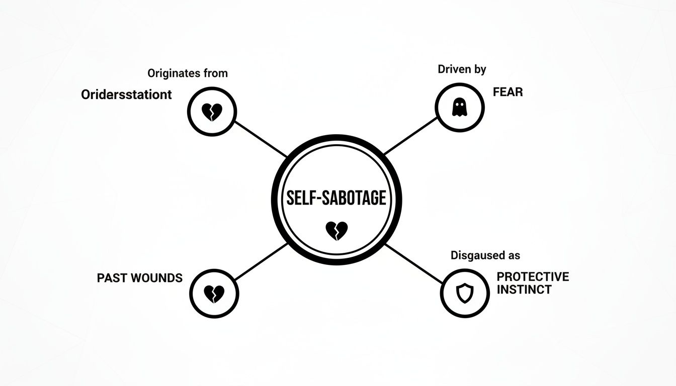 A diagram explaining self-sabotage, showing its origins from past wounds and being driven by fear, disguised as protective instinct.