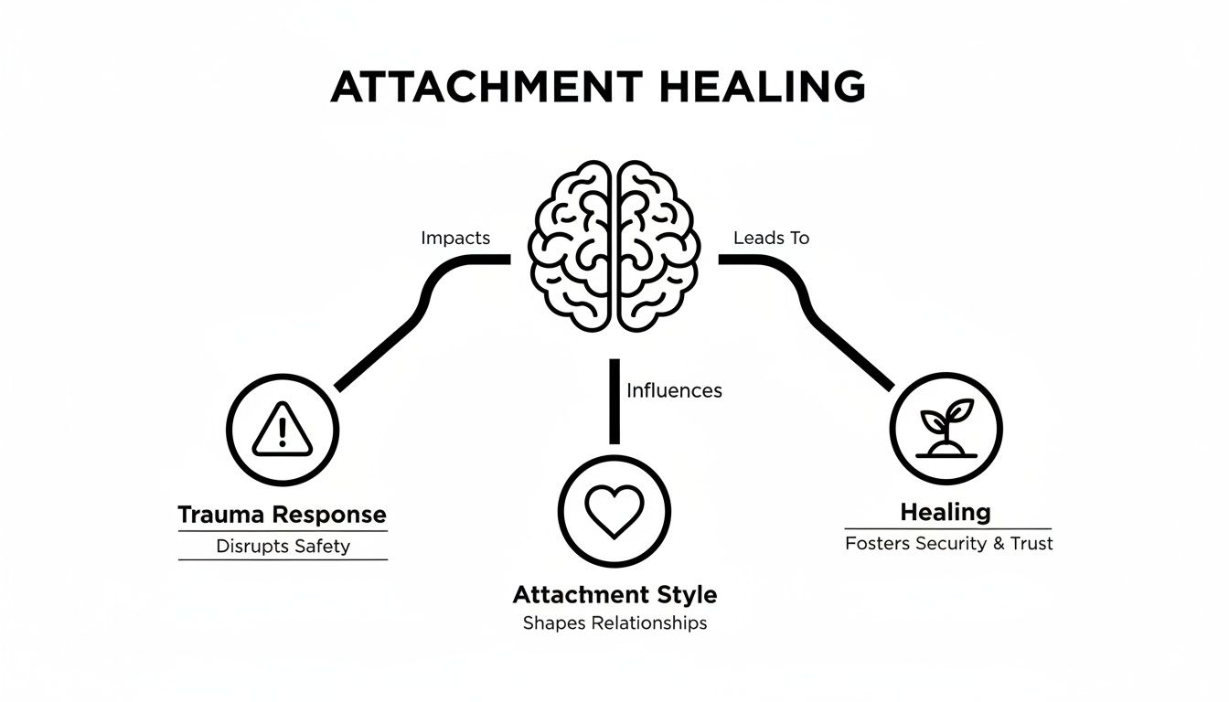 Diagram illustrating attachment healing showing how trauma impacts the brain, influencing style, and leading to healing.