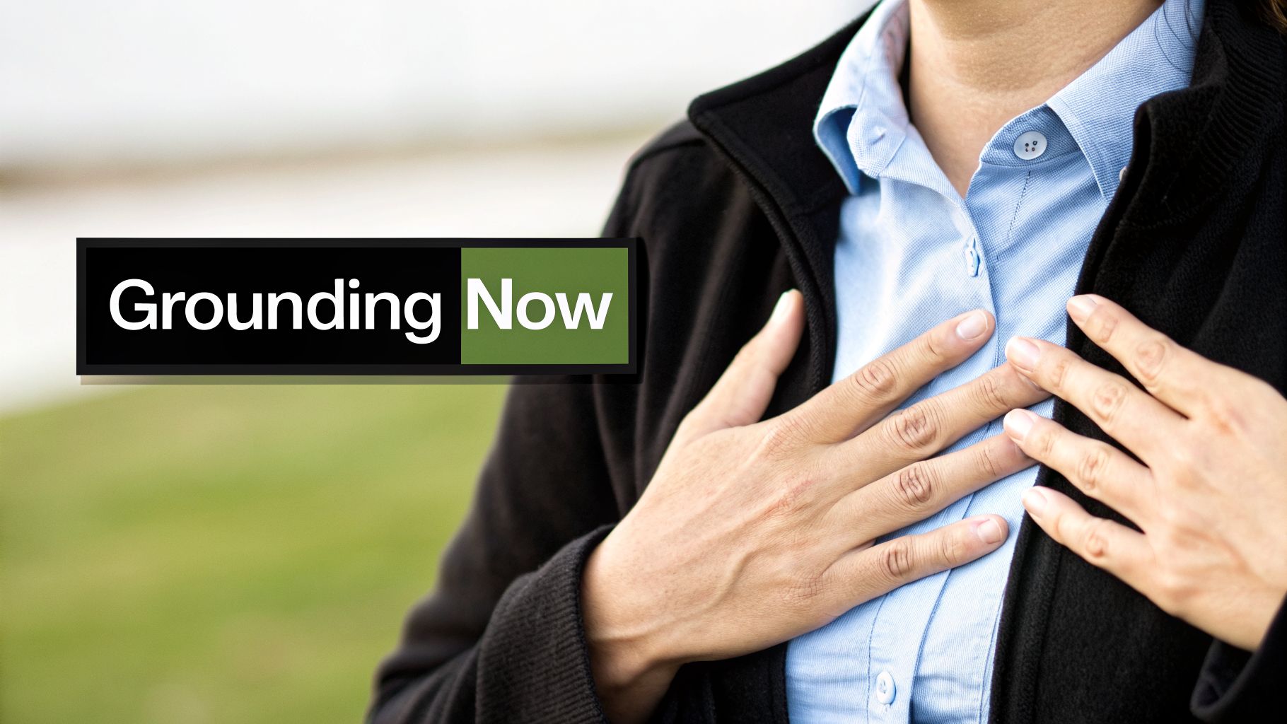 A person places their hands over their chest, wearing a blue shirt and black cardigan, with 'Grounding Now' text.