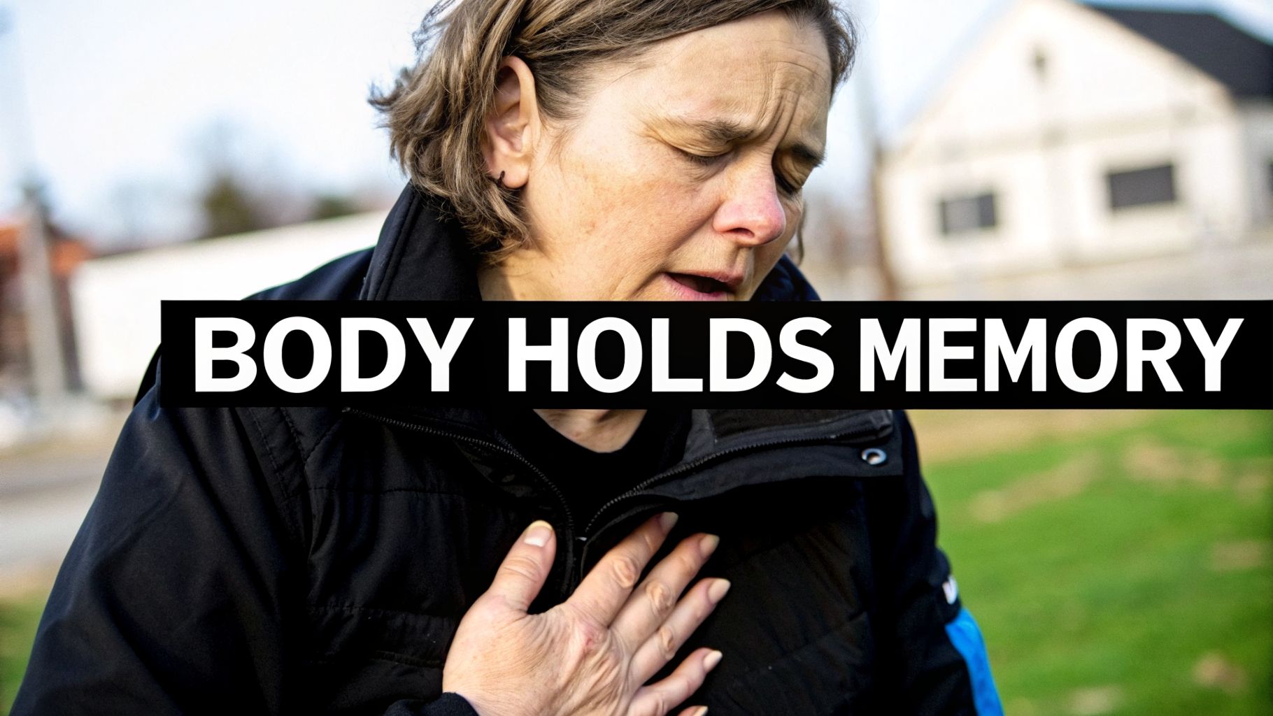 A distressed person with closed eyes holds their hand to their chest, with "BODY HOLDS MEMORY" text.