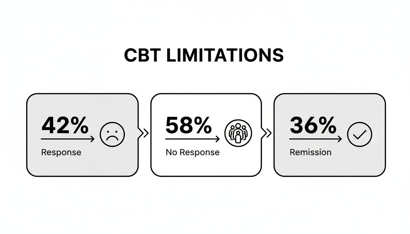 Flowchart illustrating CBT limitations: 42% response, 58% no response, and 36% remission rates.