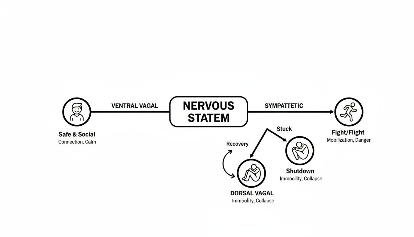A diagram explaining the polyvagal theory, showing ventral vagal, sympathetic, and dorsal vagal nervous system states.