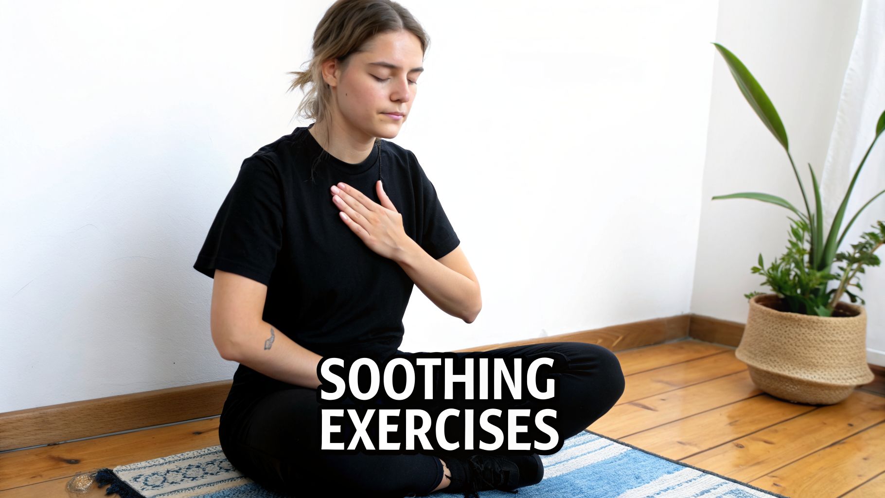A woman sits on a mat with eyes closed and hand on her chest, doing soothing exercises.