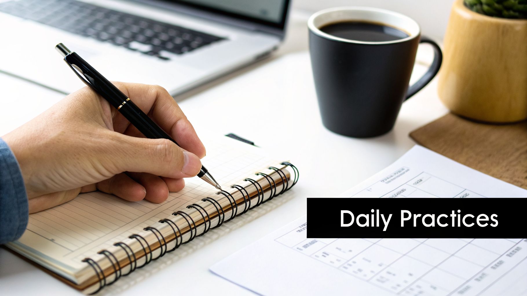 A person takes notes in a spiral notebook, next to a laptop, coffee, and a "Daily Practices" text overlay.
