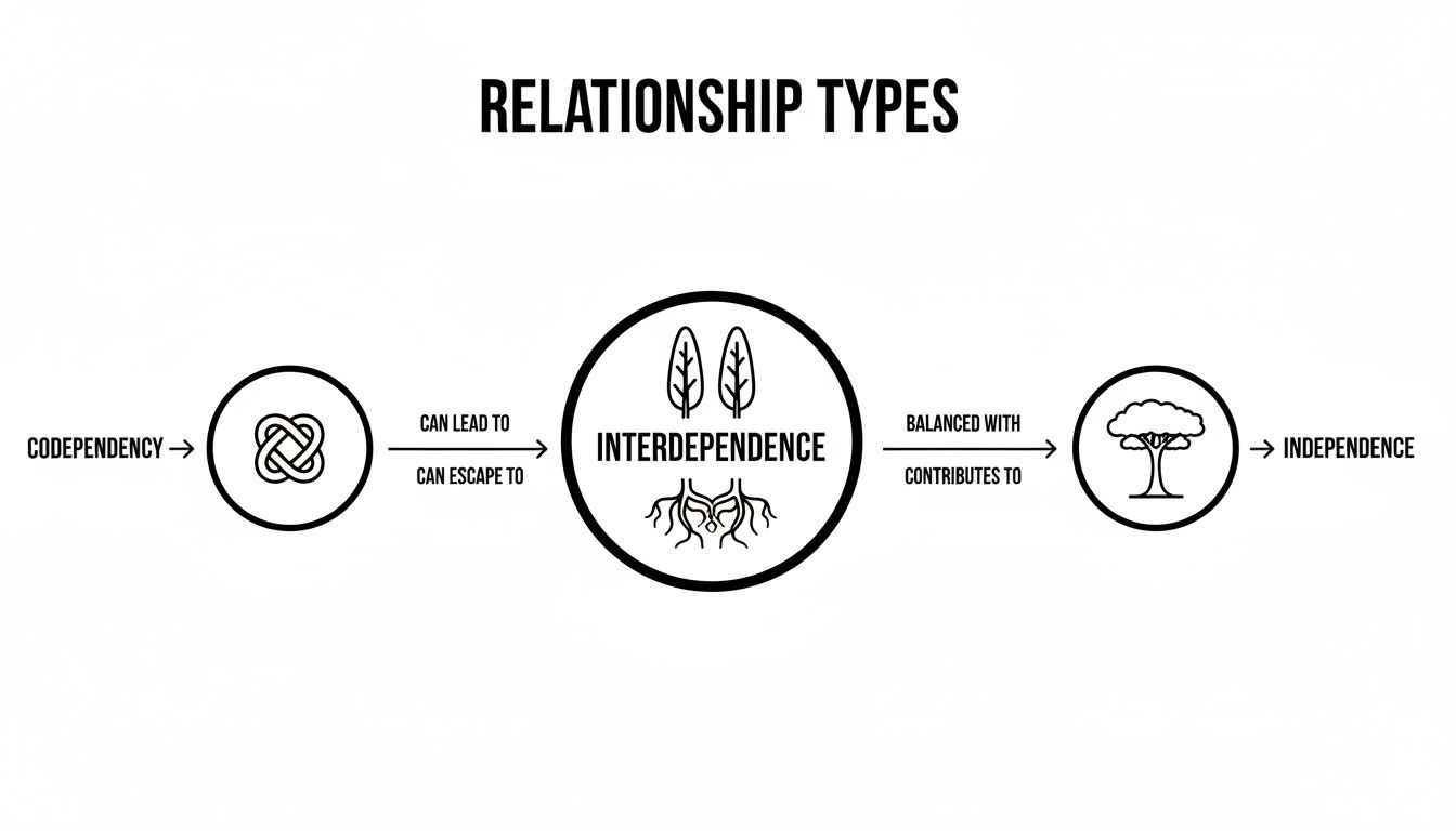 Diagram illustrating relationship types: codependency, interdependence, and independence, with connecting arrows.