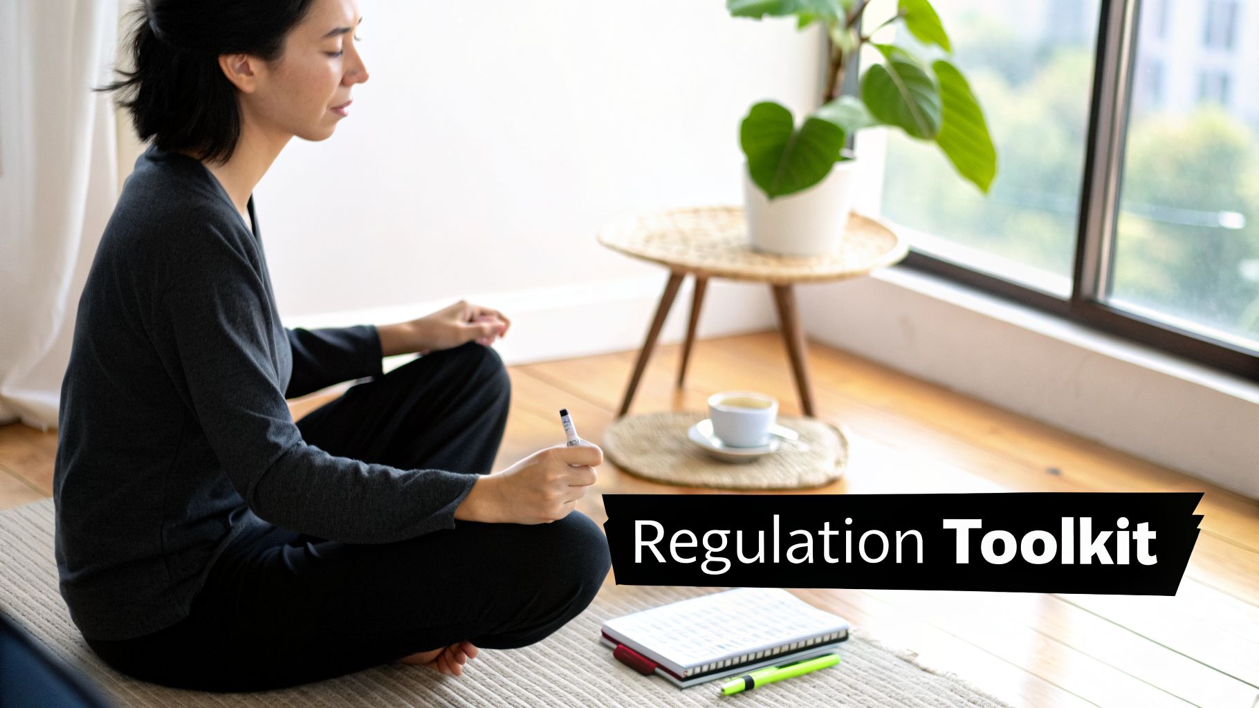 A person meditates on a mat, holding a pen, with a notebook and coffee nearby.