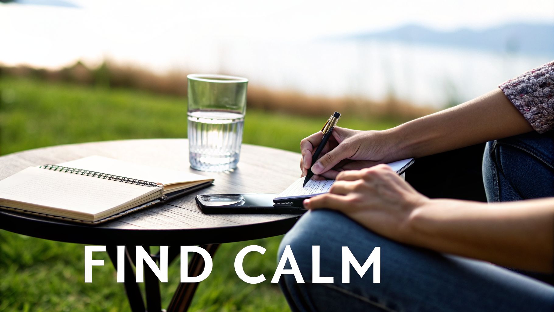 A person writes in a notebook outdoors on a wooden table with a glass of water, symbolizing calm reflection.
