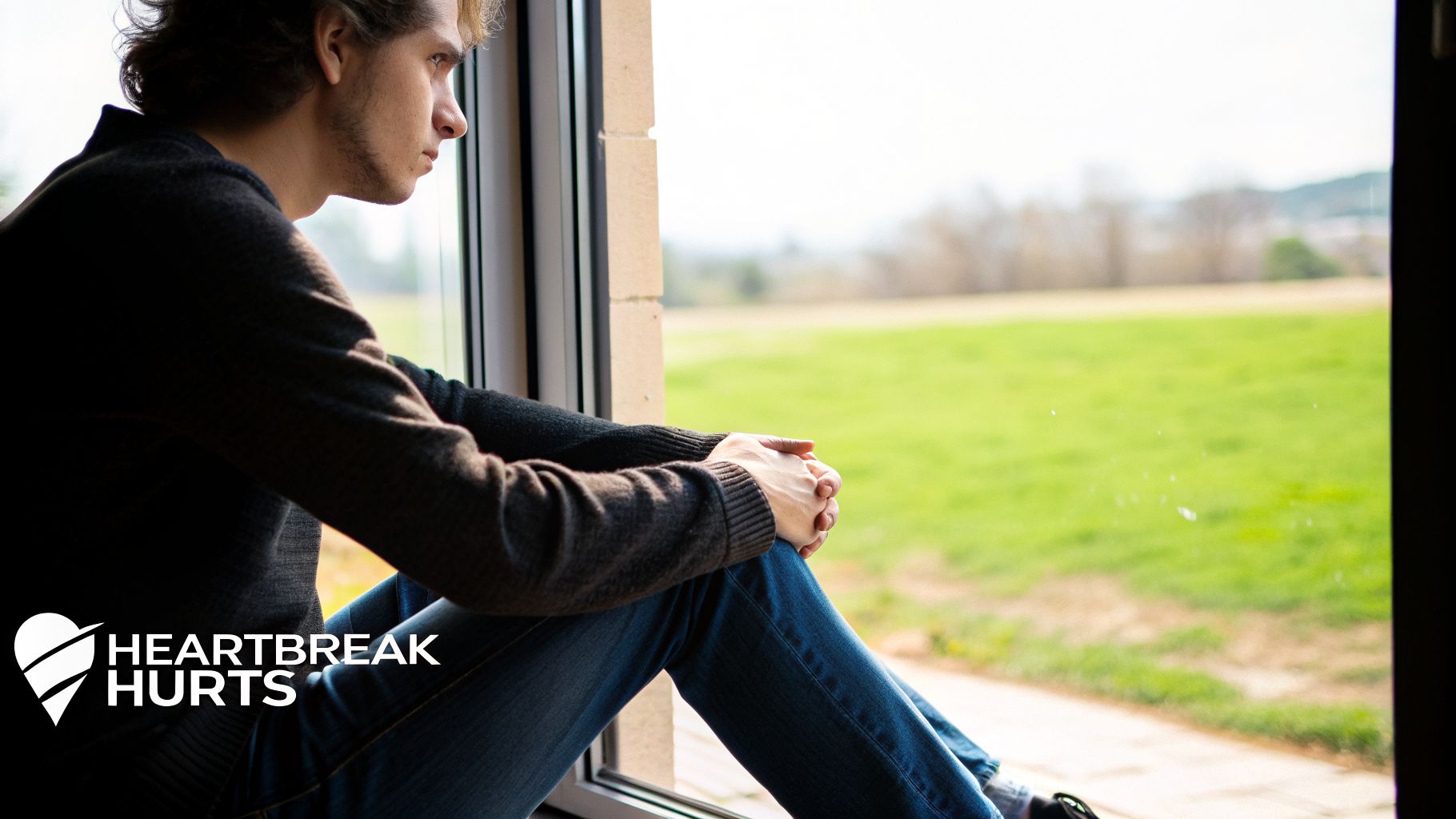 A pensive young man sits by a window, looking out at a green field, hands clasped, showing signs of sadness or heartbreak.