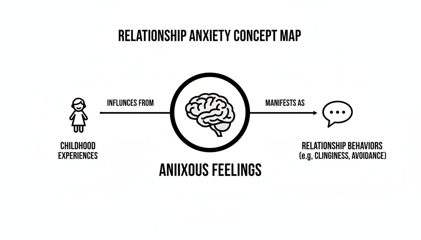 Concept map illustrating relationship anxiety: childhood experiences influence anxious feelings, manifesting as relationship behaviors.