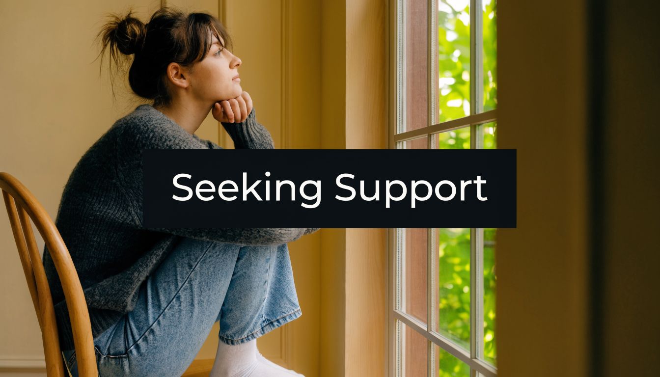 A woman sits by a window looking pensive, representing the need for emotional support and mental health.