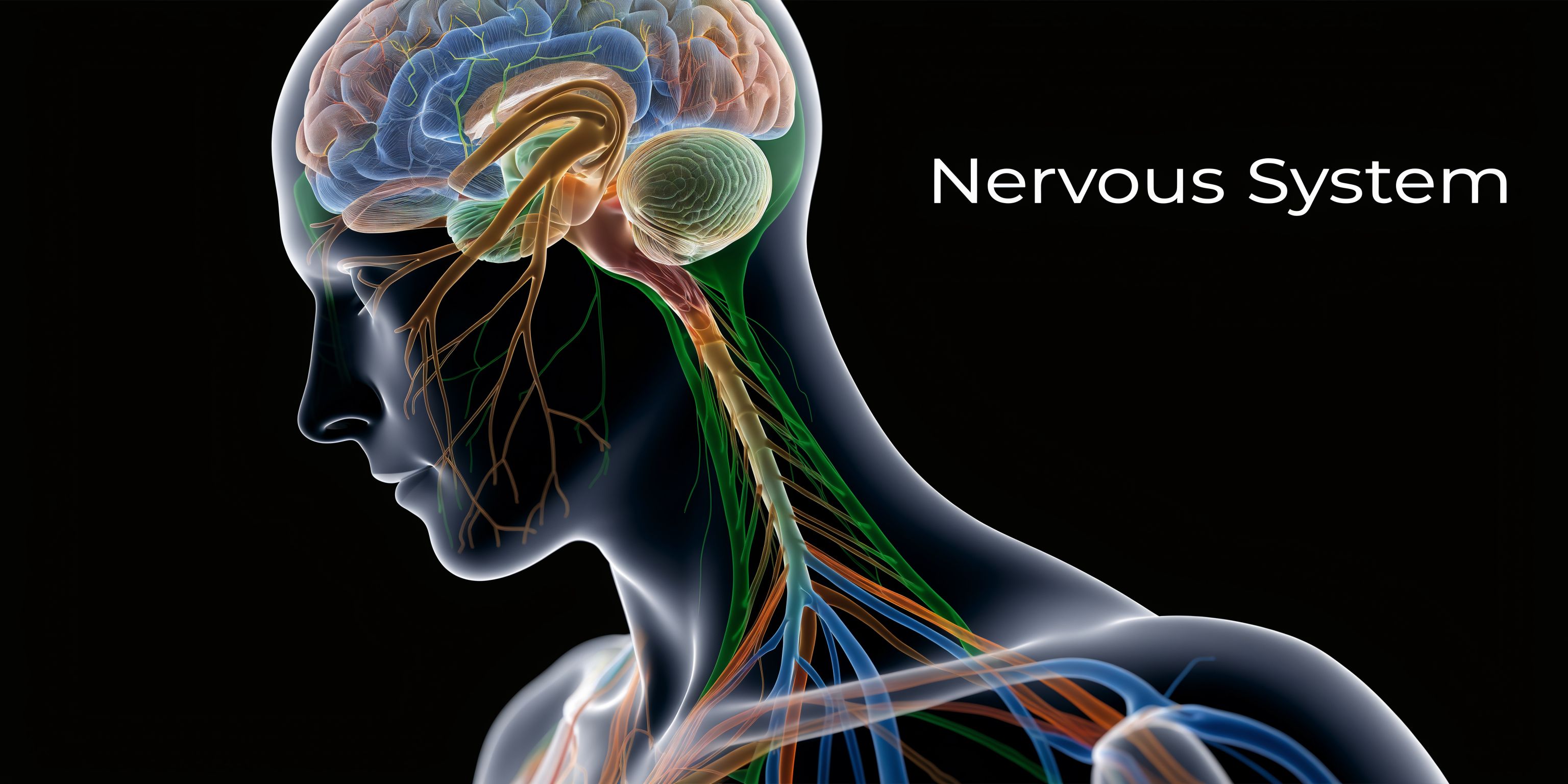 A digital illustration showing the human nervous system inside a silhouette of a person's head and neck.