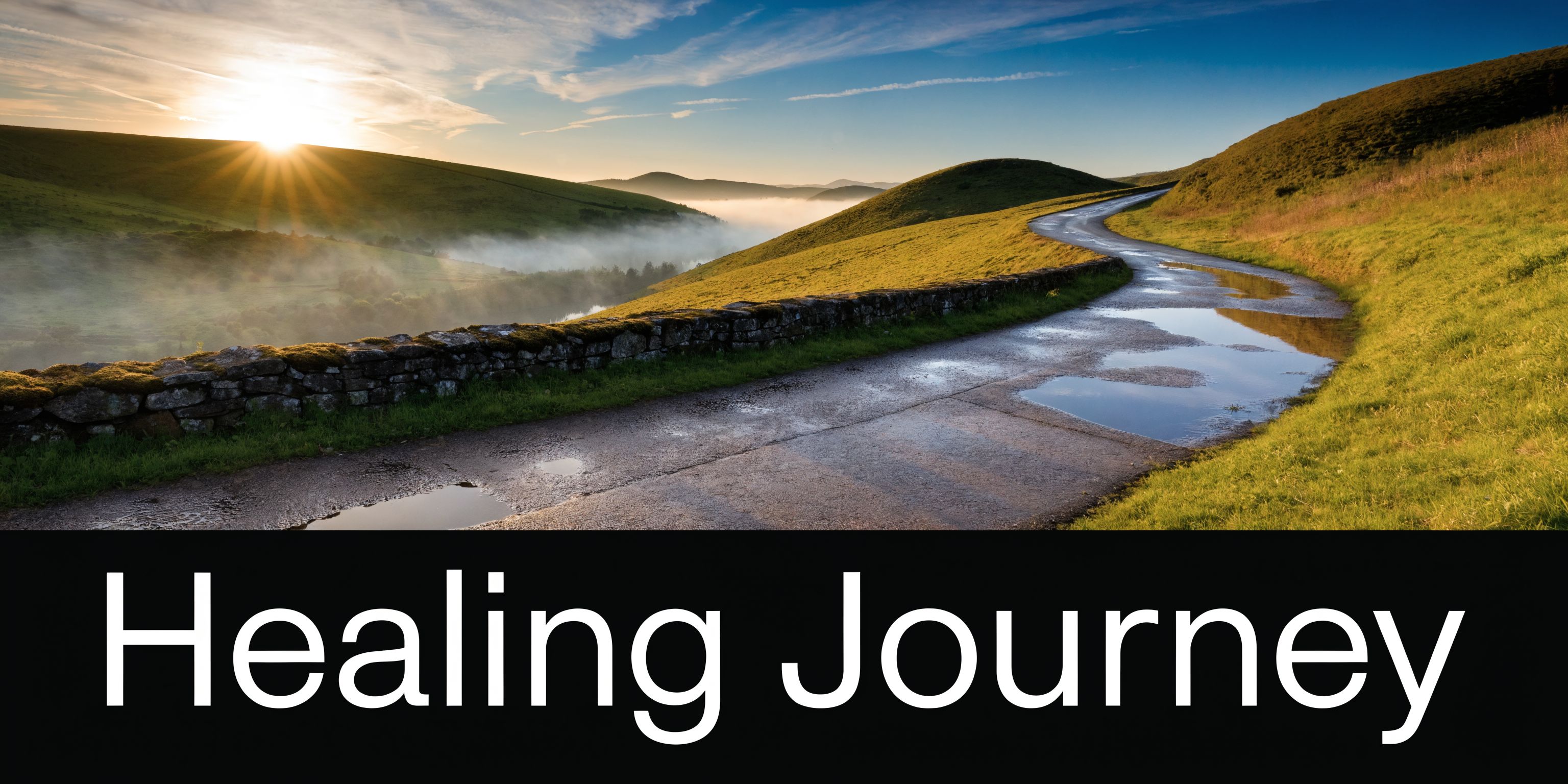 A scenic view of a winding road through grassy hills at sunrise with a misty valley.