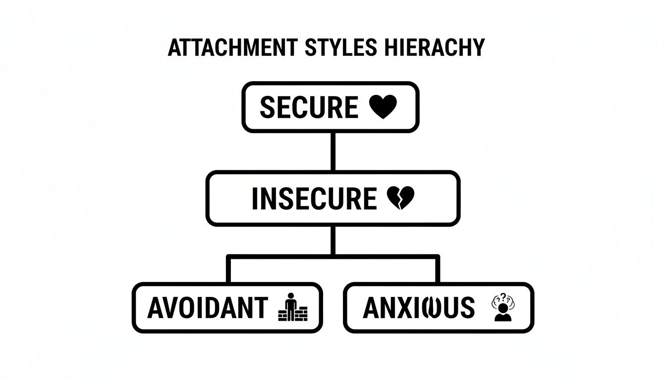 A black and white diagram illustrating the hierarchy of attachment styles: Secure, Insecure, Avoidant, Anxious.