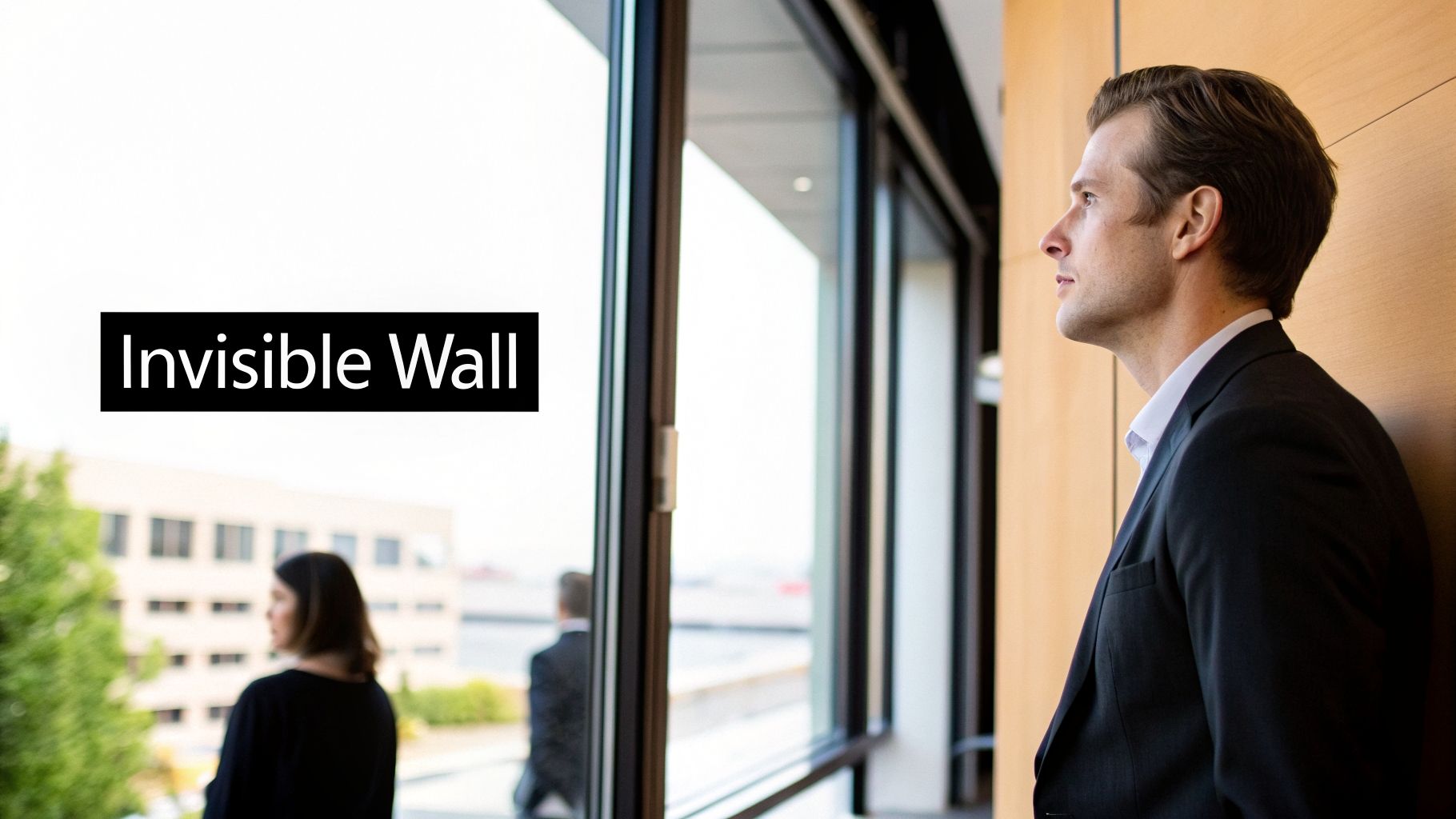 A man in a suit looks out a large office window with 'Invisible Wall' text overlay.