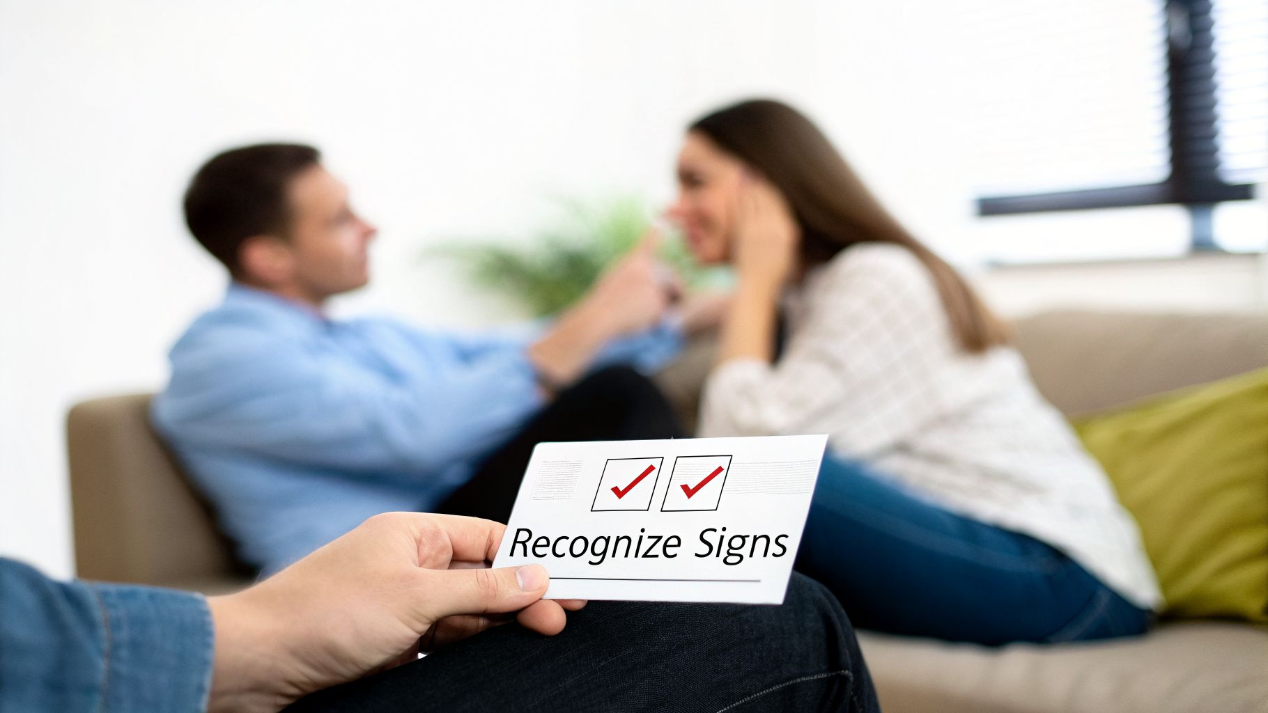 A hand holds a card with 'Recognize Signs' and checkmarks, with a blurred couple talking in the background.