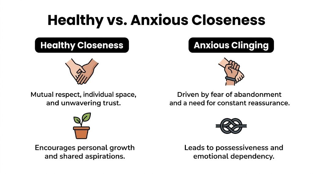 A comparison chart showing the differences between healthy closeness in relationships and anxious clinging behaviors.