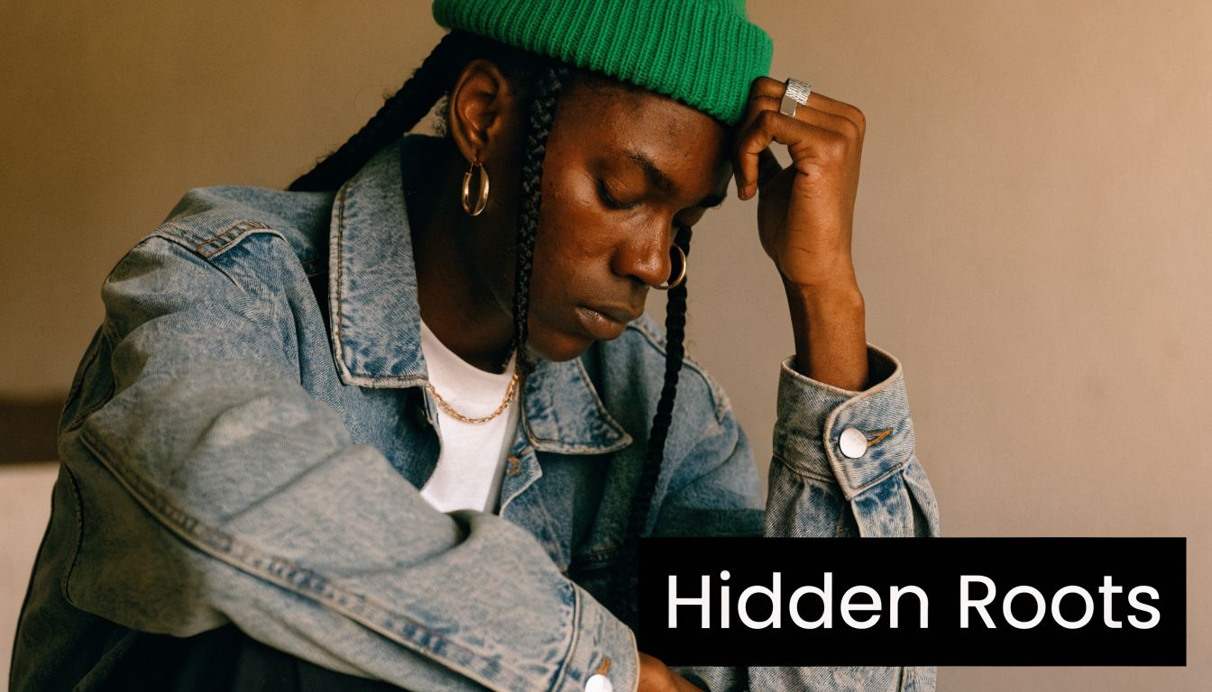 A contemplative young man wearing a green beanie, gold jewelry, and a denim jacket looking downward.